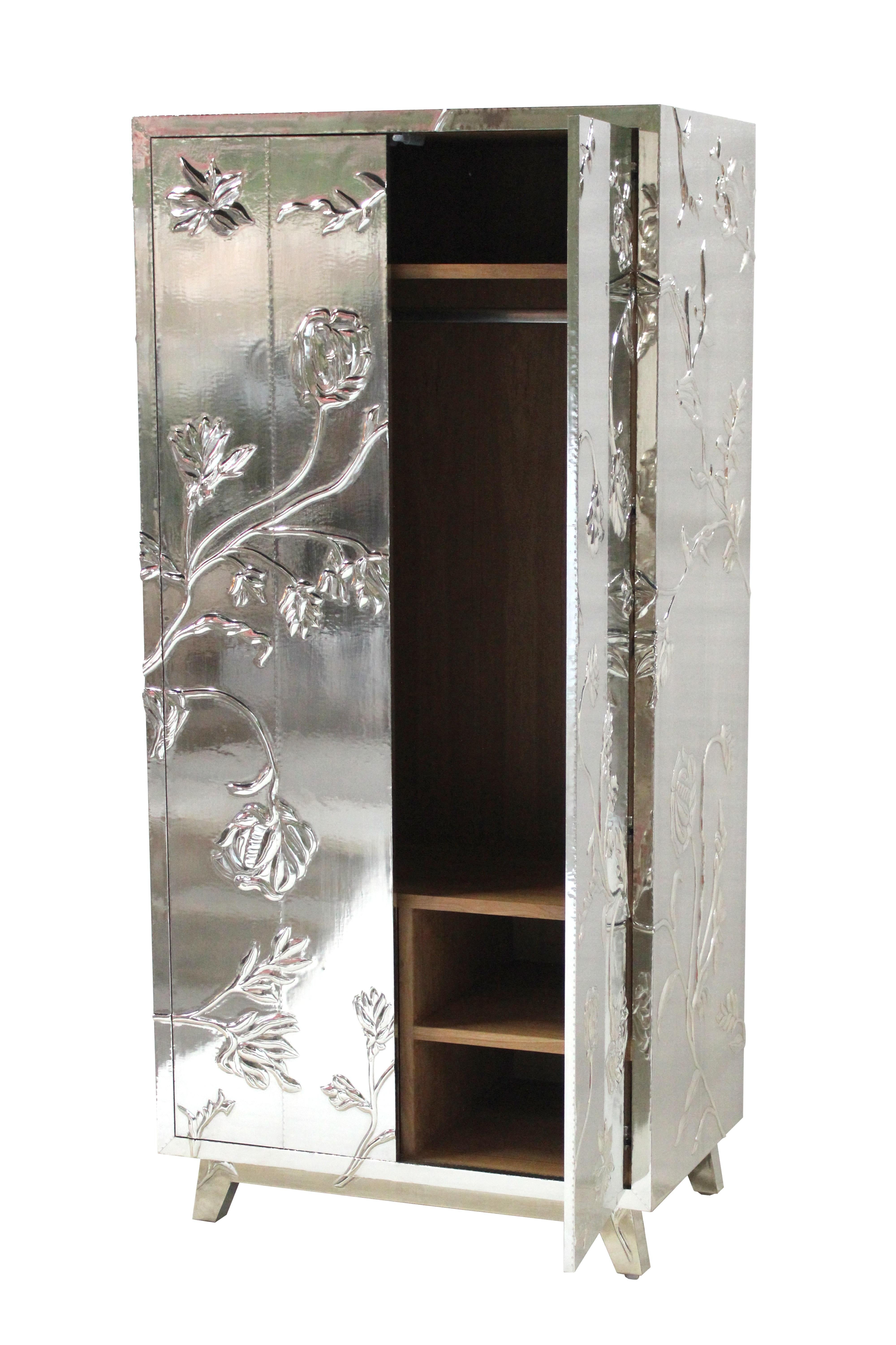 Mid-Century Modern Floral Wardrobe and Armoire in White Bronze Clad, Handcrafted in India For Sale