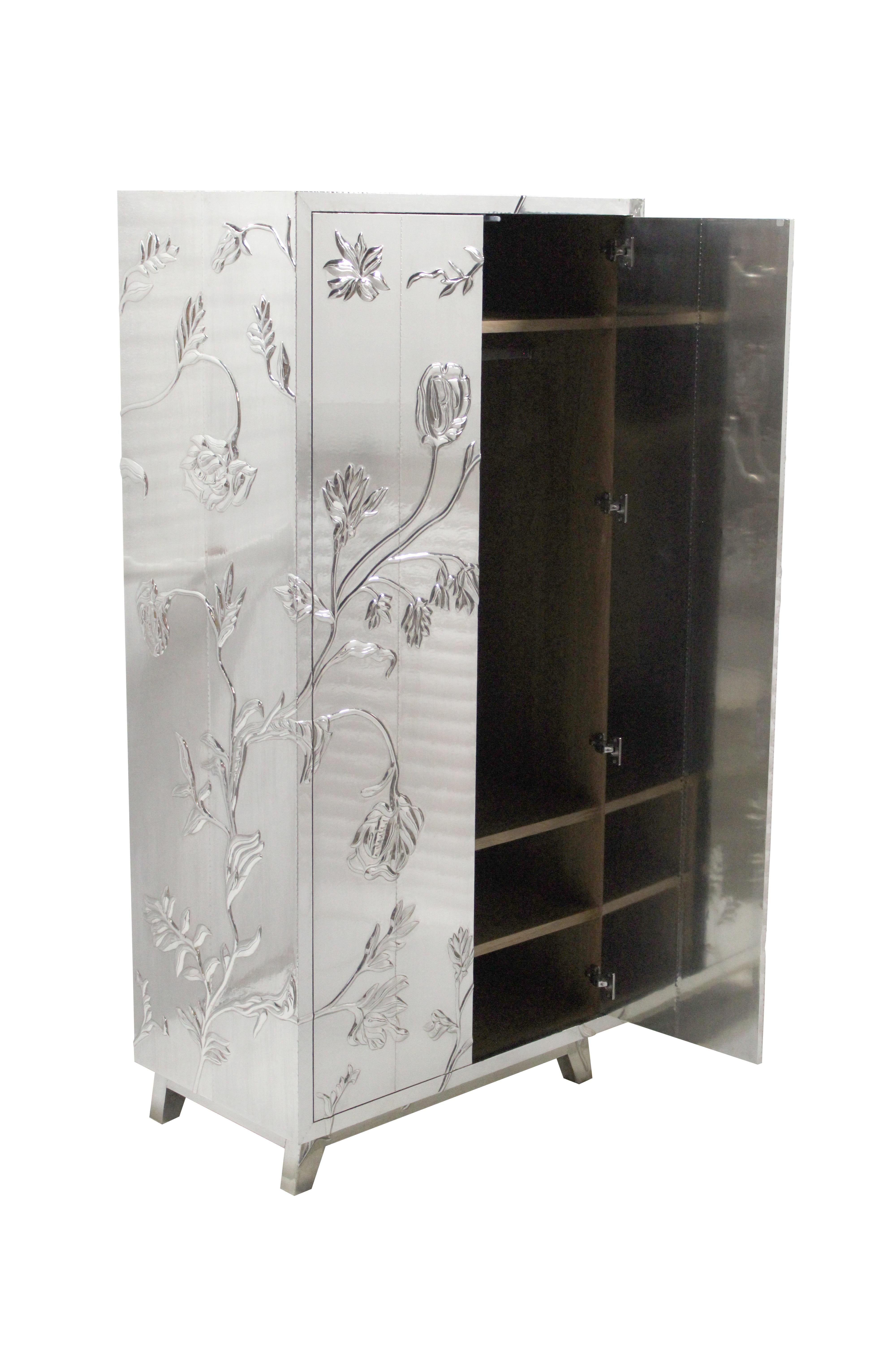Metal Floral Wardrobe and Armoire in White Bronze Clad, Handcrafted in India For Sale
