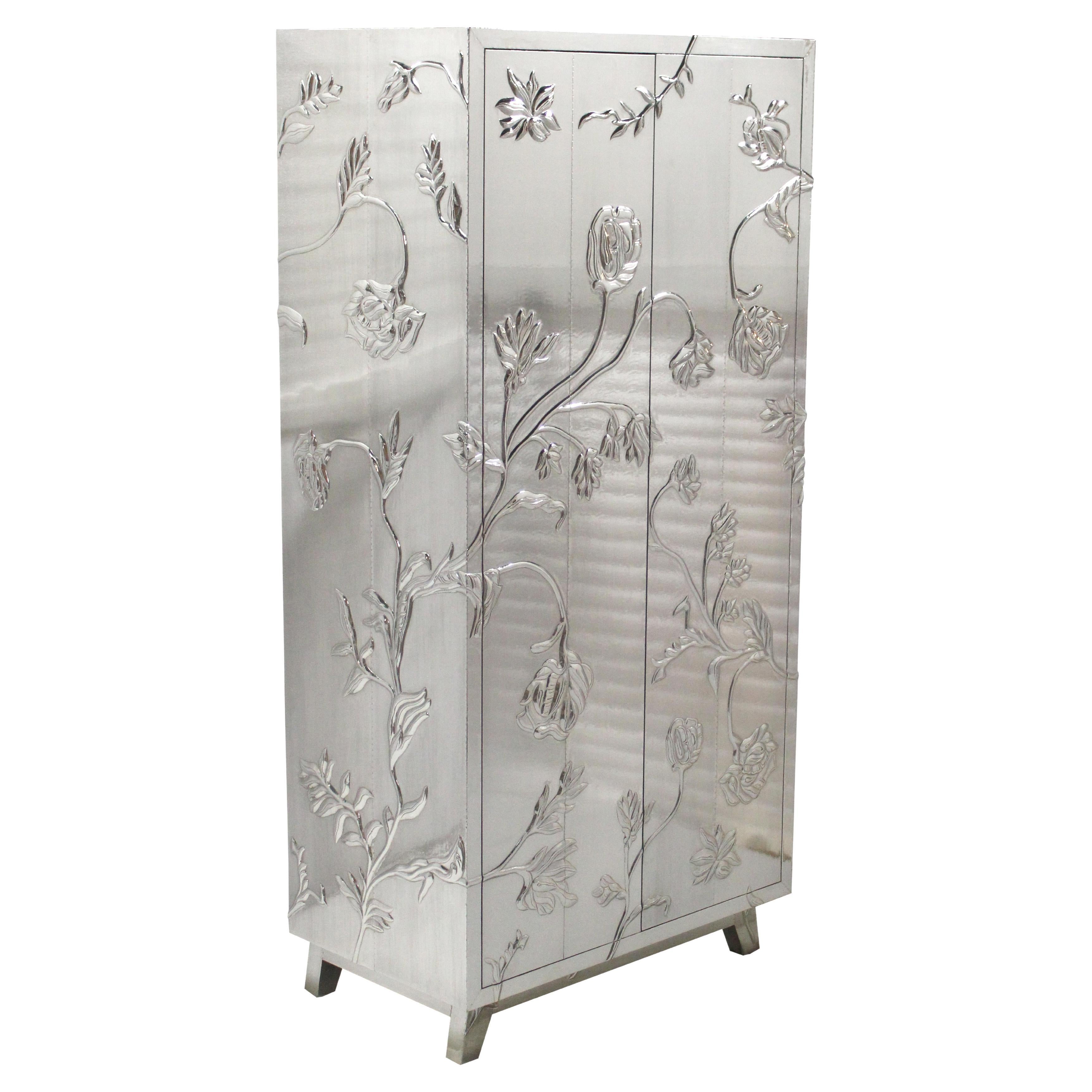 Floral Wardrobe and Armoire in White Bronze Clad, Handcrafted in India For Sale