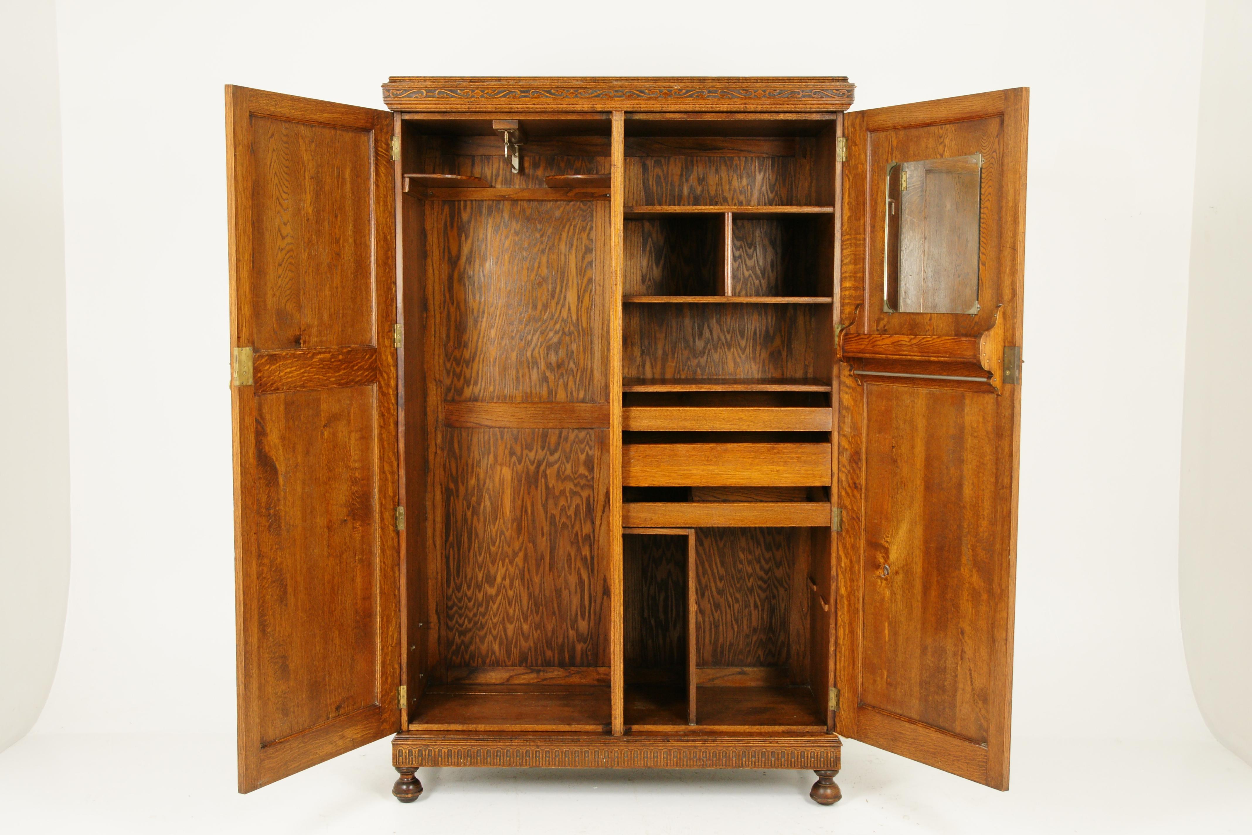 Antique Wardrobe, Antique Armoire, Tiger Oak, Oak Compactum, Scotland 1920 B1648 2