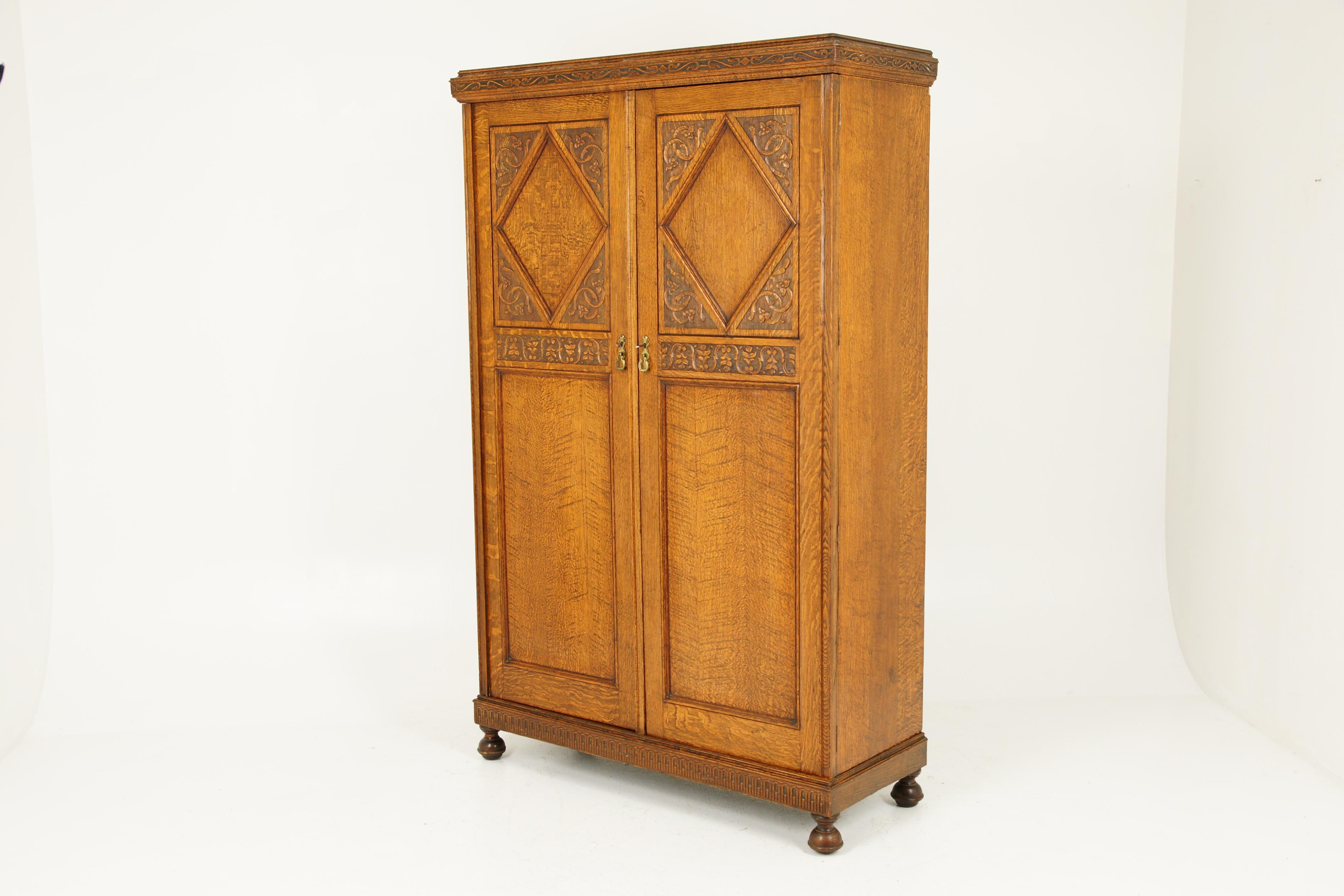 Scottish Antique Wardrobe, Antique Armoire, Tiger Oak, Oak Compactum, Scotland 1920 B1648