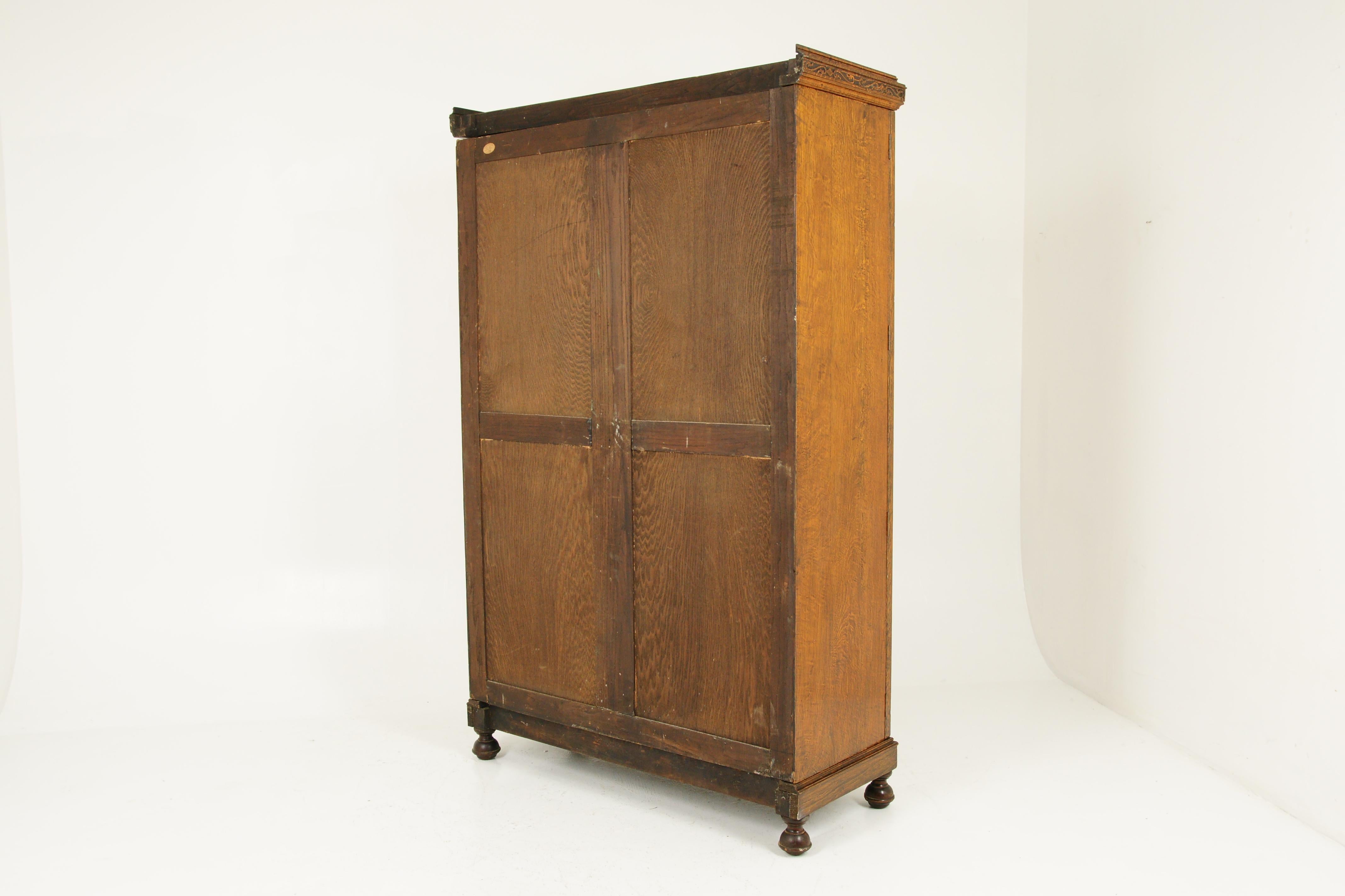 Hand-Carved Antique Wardrobe, Antique Armoire, Tiger Oak, Oak Compactum, Scotland 1920 B1648