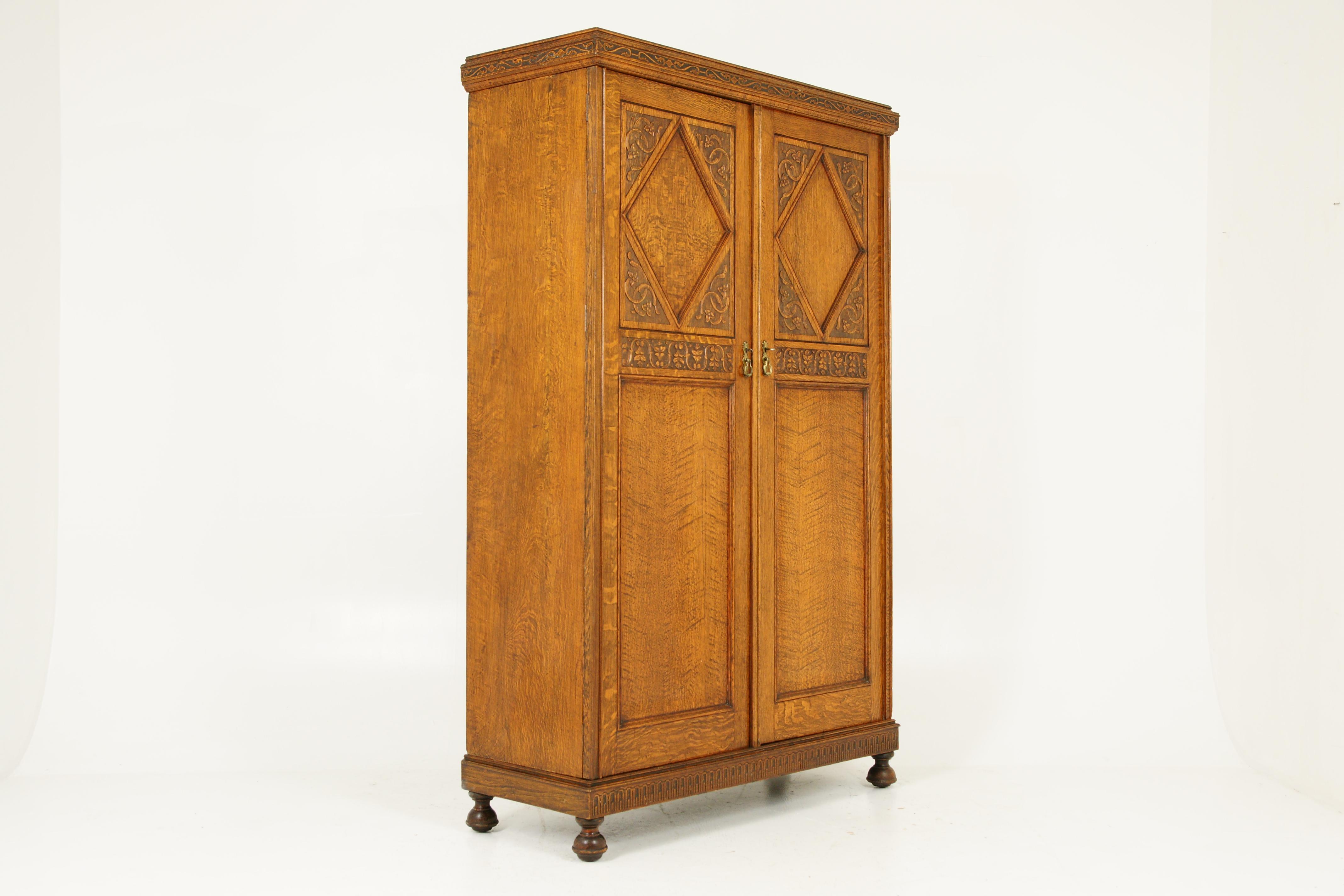 Antique Wardrobe, Antique Armoire, Tiger Oak, Oak Compactum, Scotland 1920 B1648 1