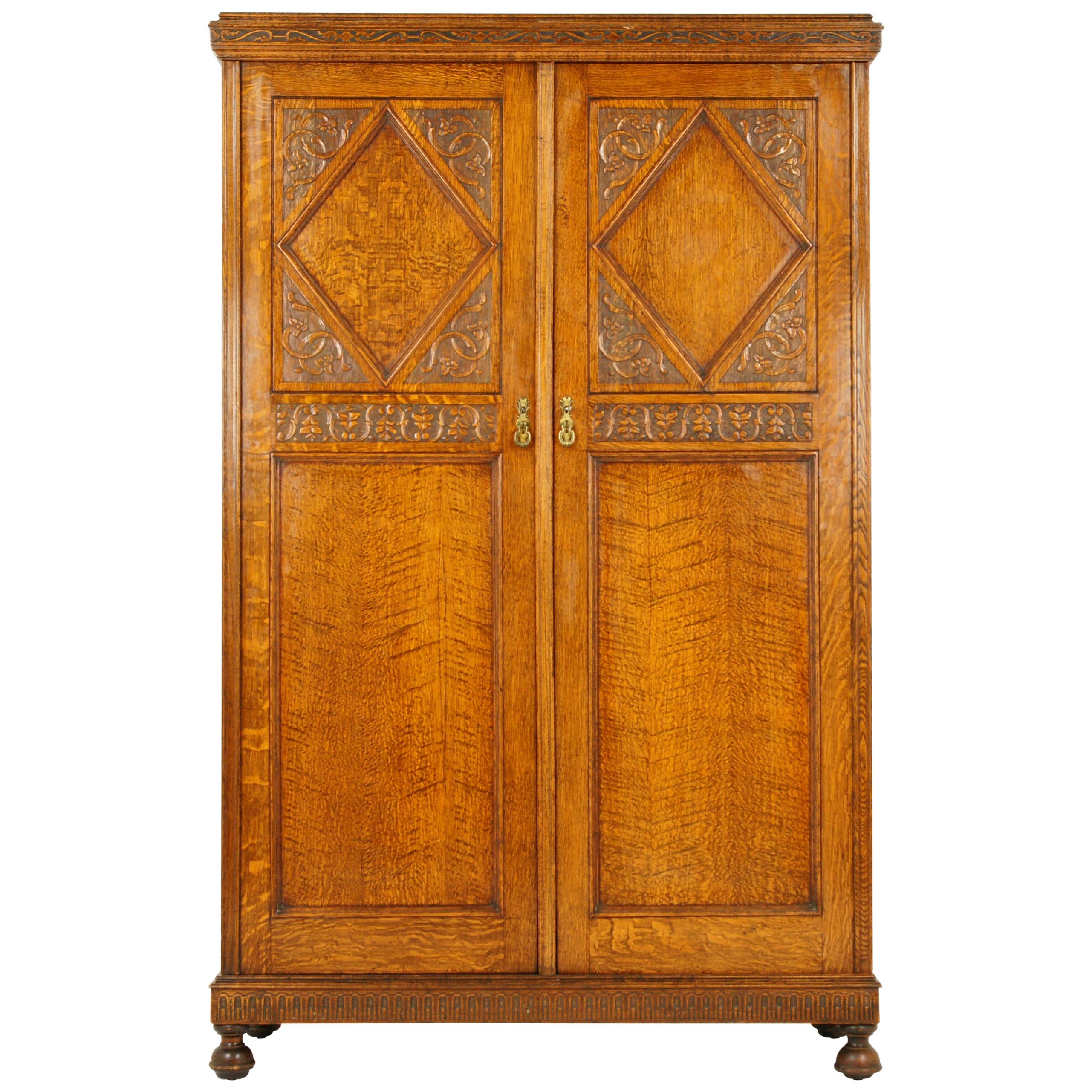 Antique Wardrobe, Antique Armoire, Tiger Oak, Oak Compactum, Scotland 1920 B1648