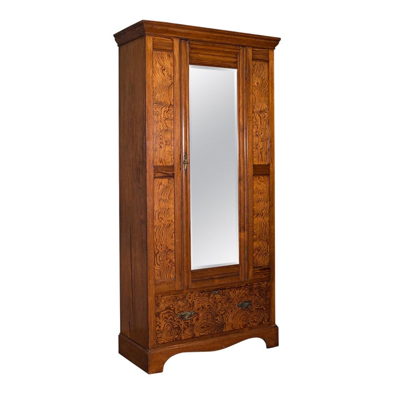 Antique Wardrobe, English, Pitch Pine, Closet, Dressing Mirror