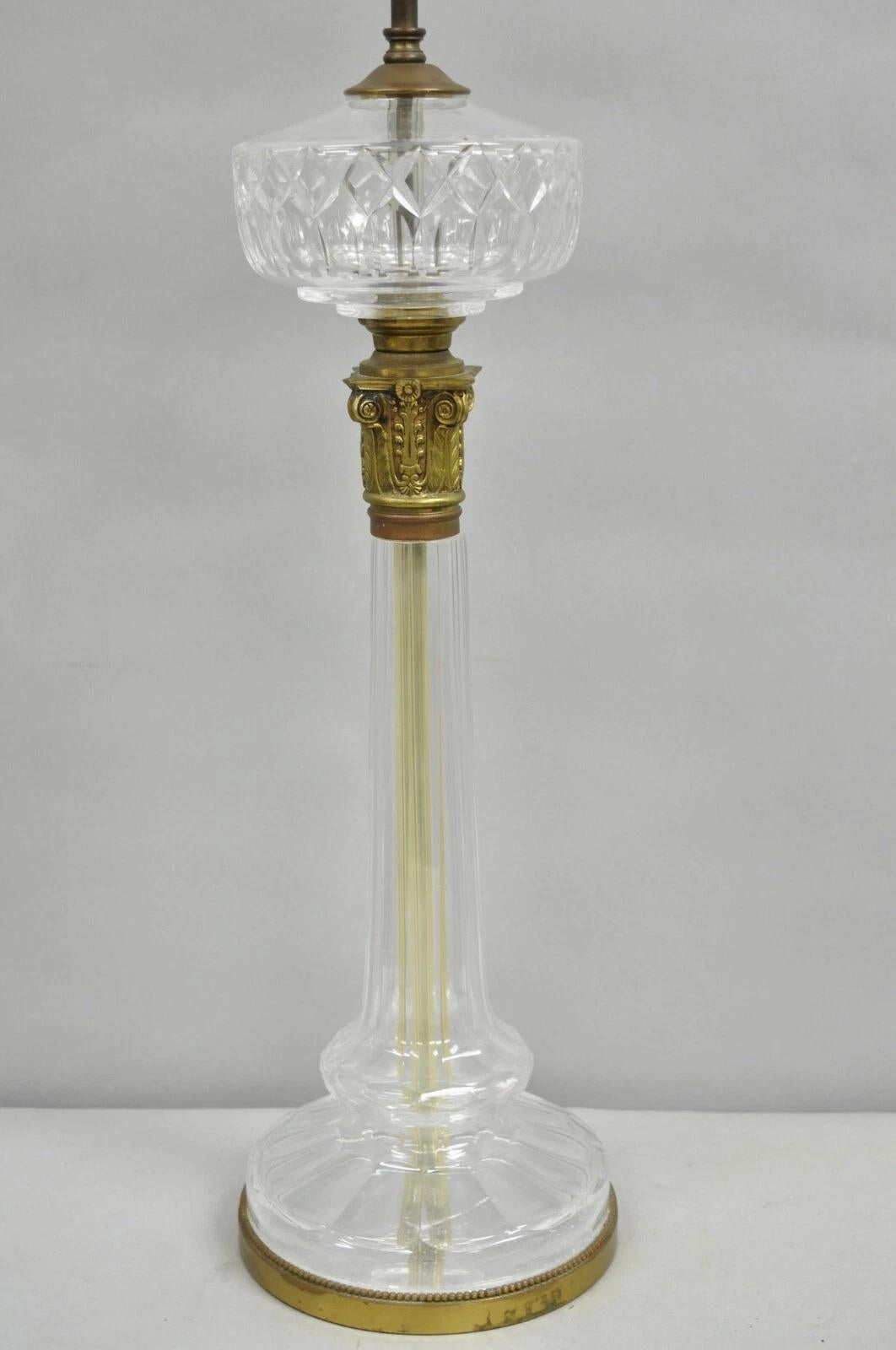Antique Warren Kessler French Empire Crystal Glass Corinthian Column Table Lamp with Brass Metal Mounts. Circa Early 20th Century. Measurements: 38