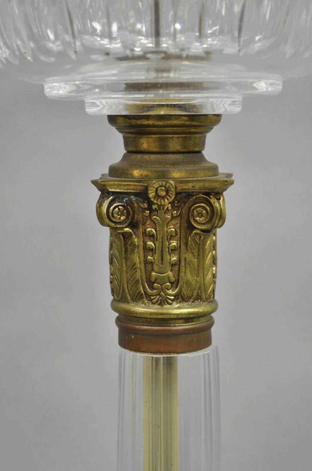 Antique Warren Kessler French Empire Crystal Glass Corinthian Column Table Lamp In Good Condition For Sale In Philadelphia, PA