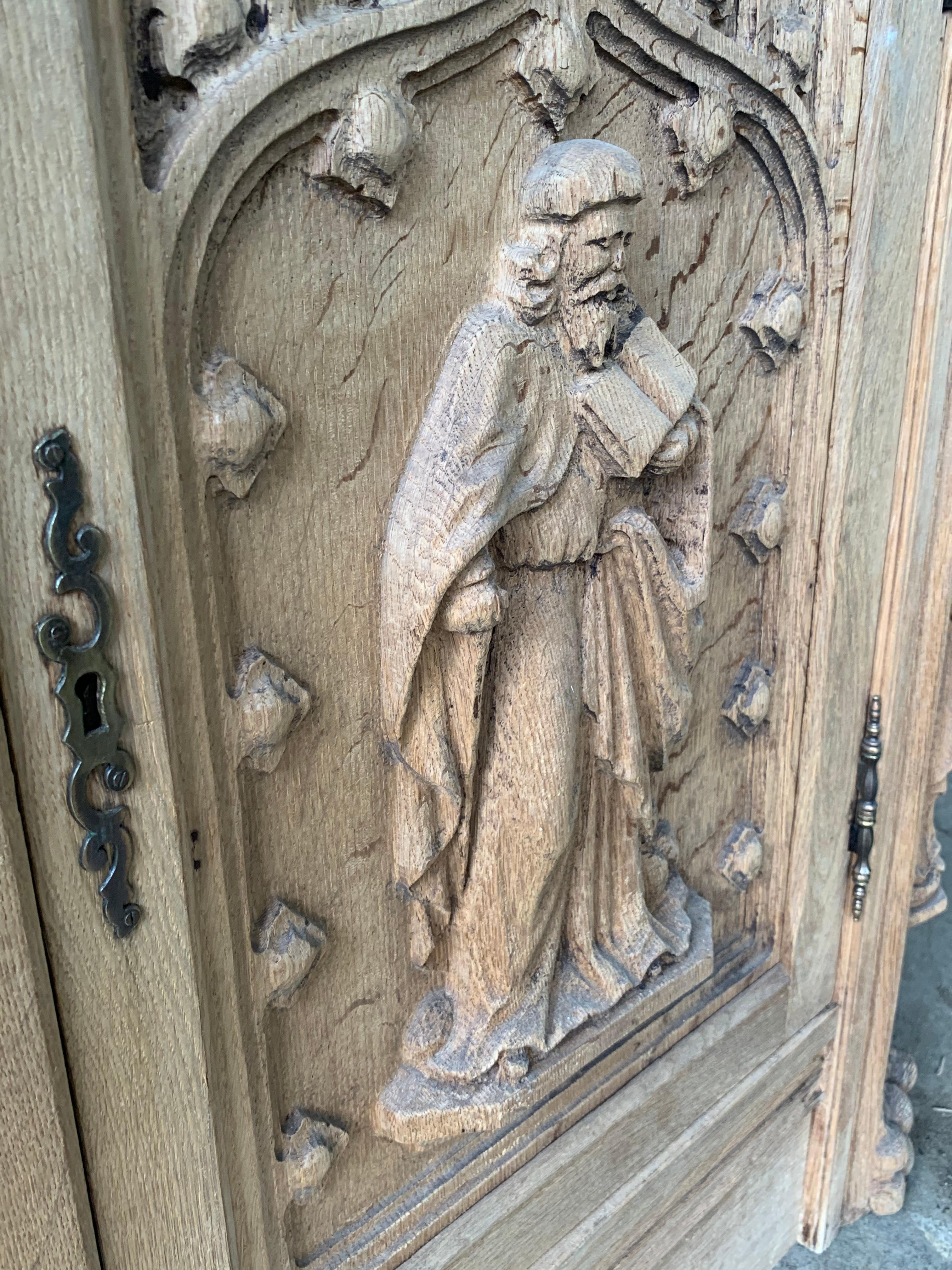 Hand-Carved Antique Washed Oak Sacristy Buffet Sideboard