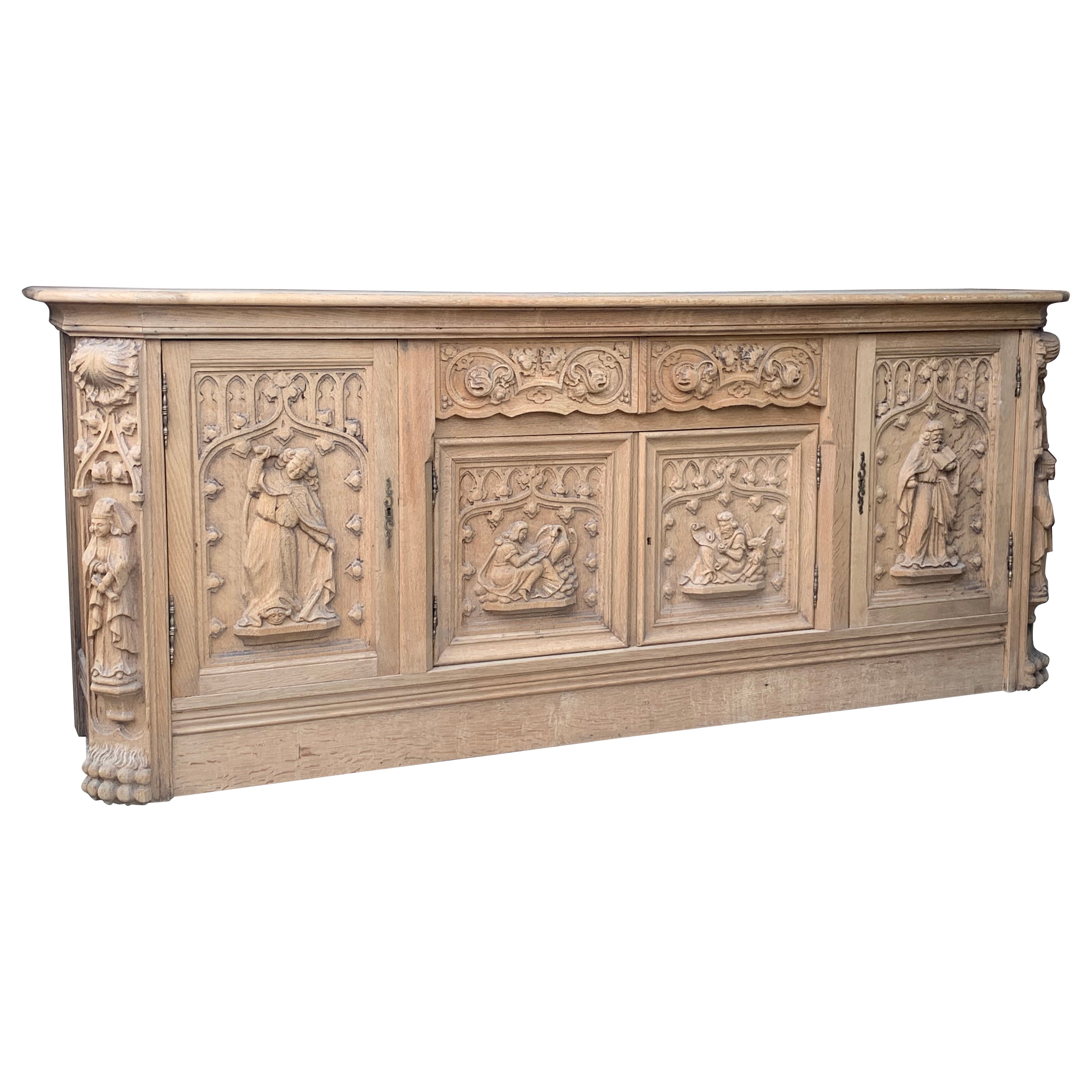 Antique Washed Oak Sacristy Buffet Sideboard