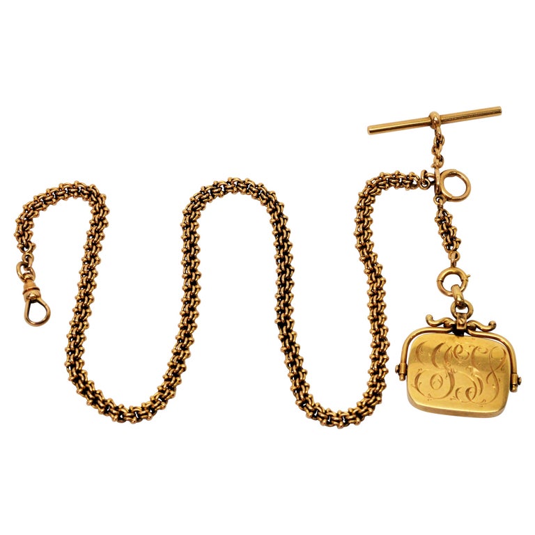Antique Gold Watch Chain w TBar and NY Times Picture Case Fob For Sale at 1stDibs