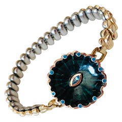 Antique Watchband Glass Enamel and Blue Topaz Rose Gold Bracelet