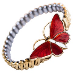 Antique Watchband Glass Enamel Sterling Silver Butterfly Bracelet