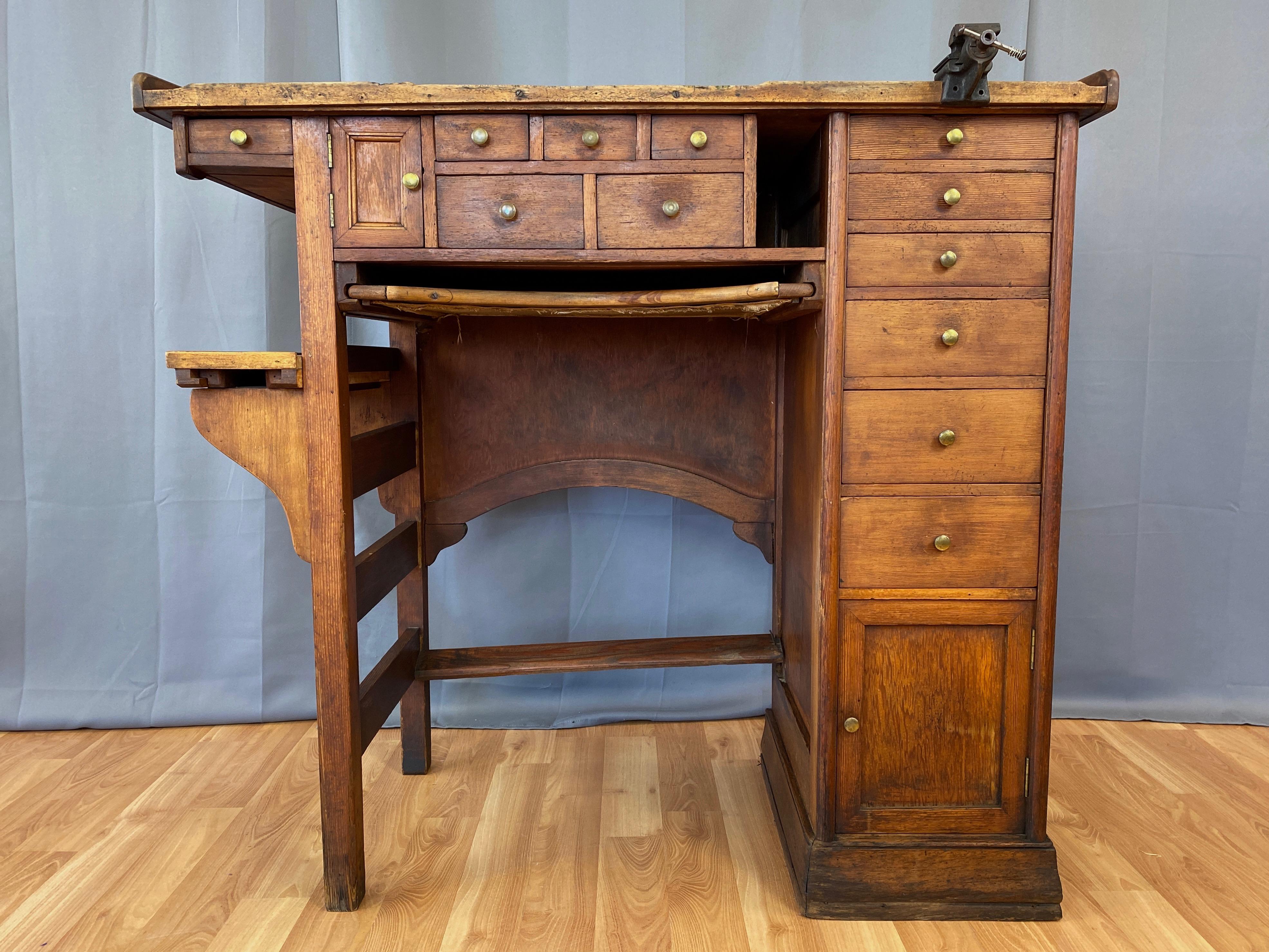 A wonderful 1920s watchmaker’s or jeweler’s multi-drawer wood workbench that’s a good height and size to serve as a standing desk when not seated on a tall stool or chair. We can also see it repurposed as a very charming and functional kitchen