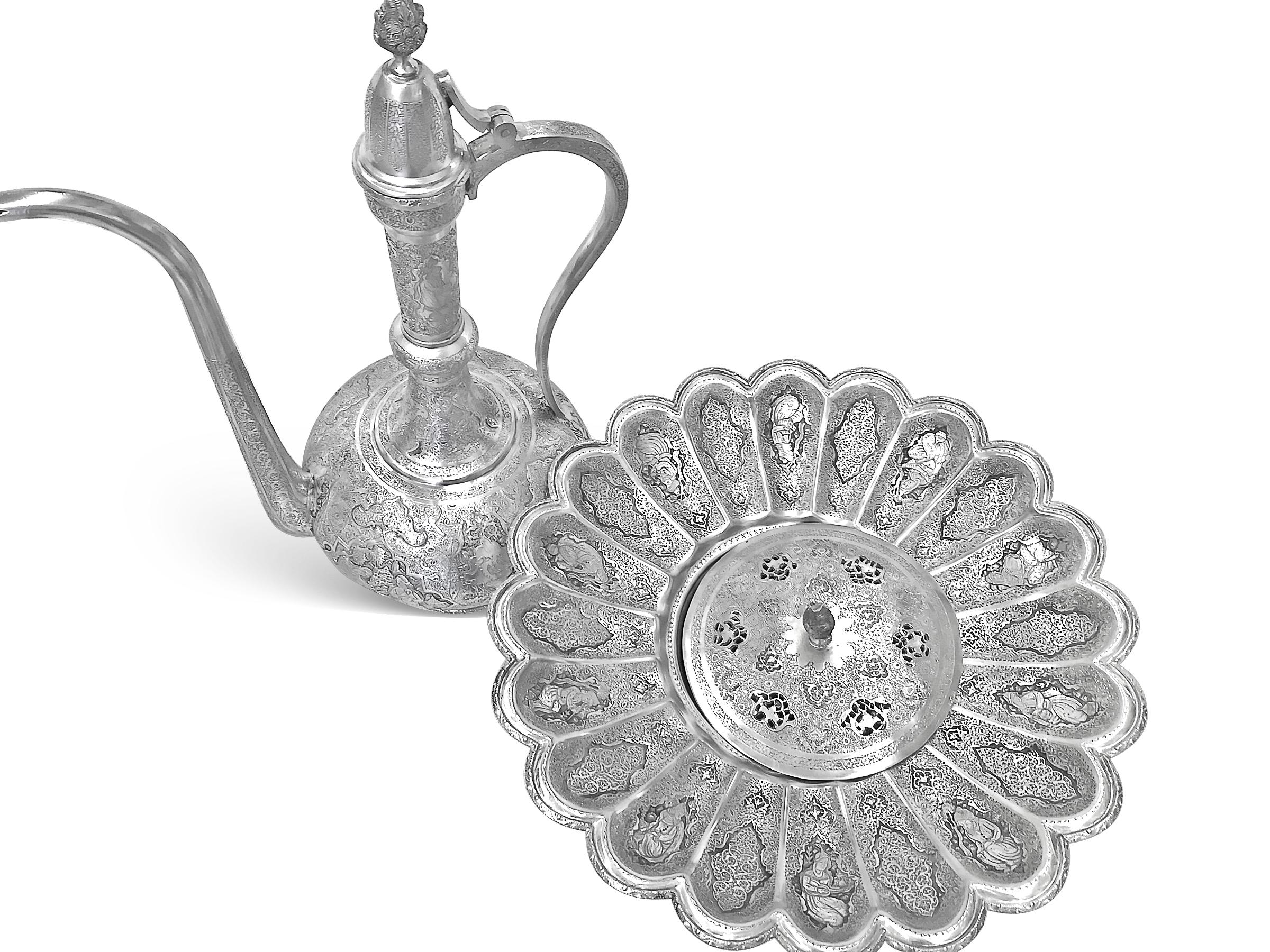 Art Deco Antique Water and Bowl Set of Persian Silver Extremely Detailed Hand Carved For Sale