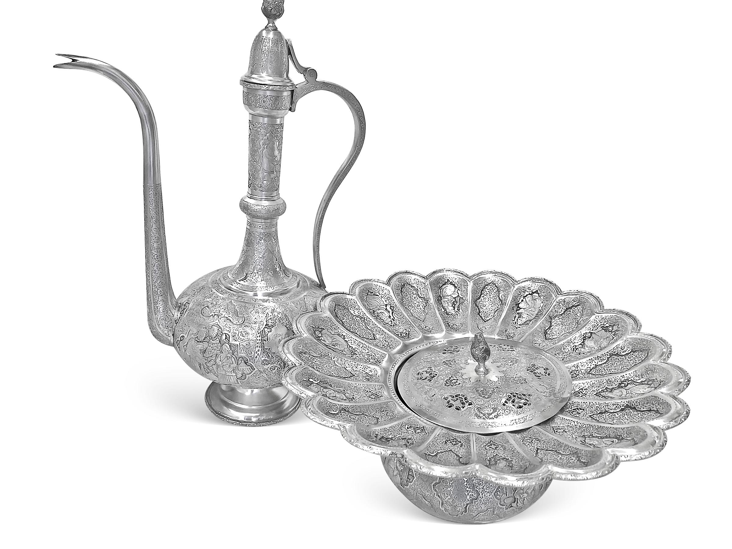 Women's or Men's Antique Water and Bowl Set of Persian Silver Extremely Detailed Hand Carved For Sale