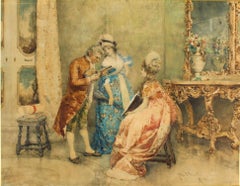 Antike Aquarellfarbe Attlio Simonetti 'Das Musikereignis' 19. Jahrhundert