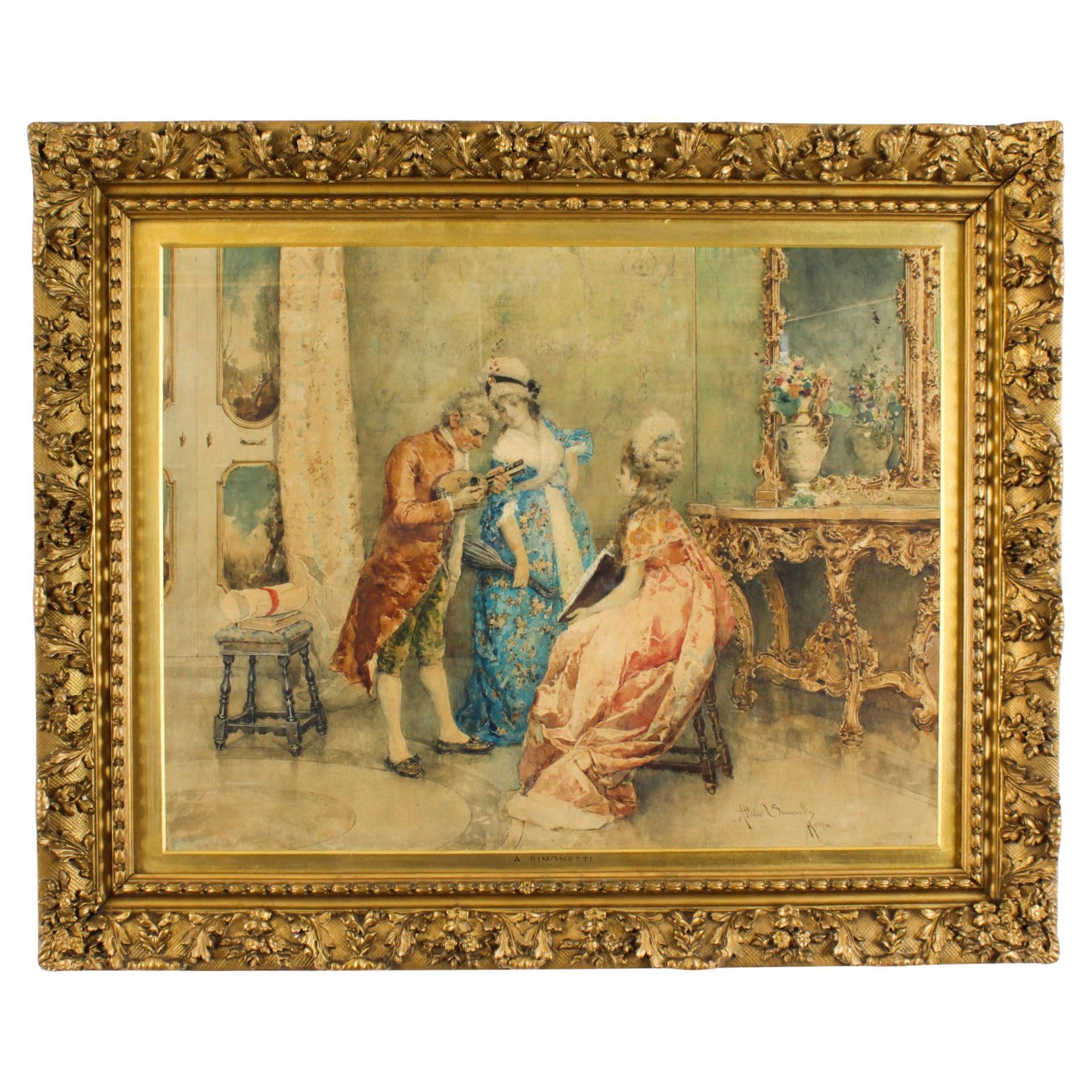 Antique Water Colour Attlio Simonetti 'The Music Recital' 19th Century