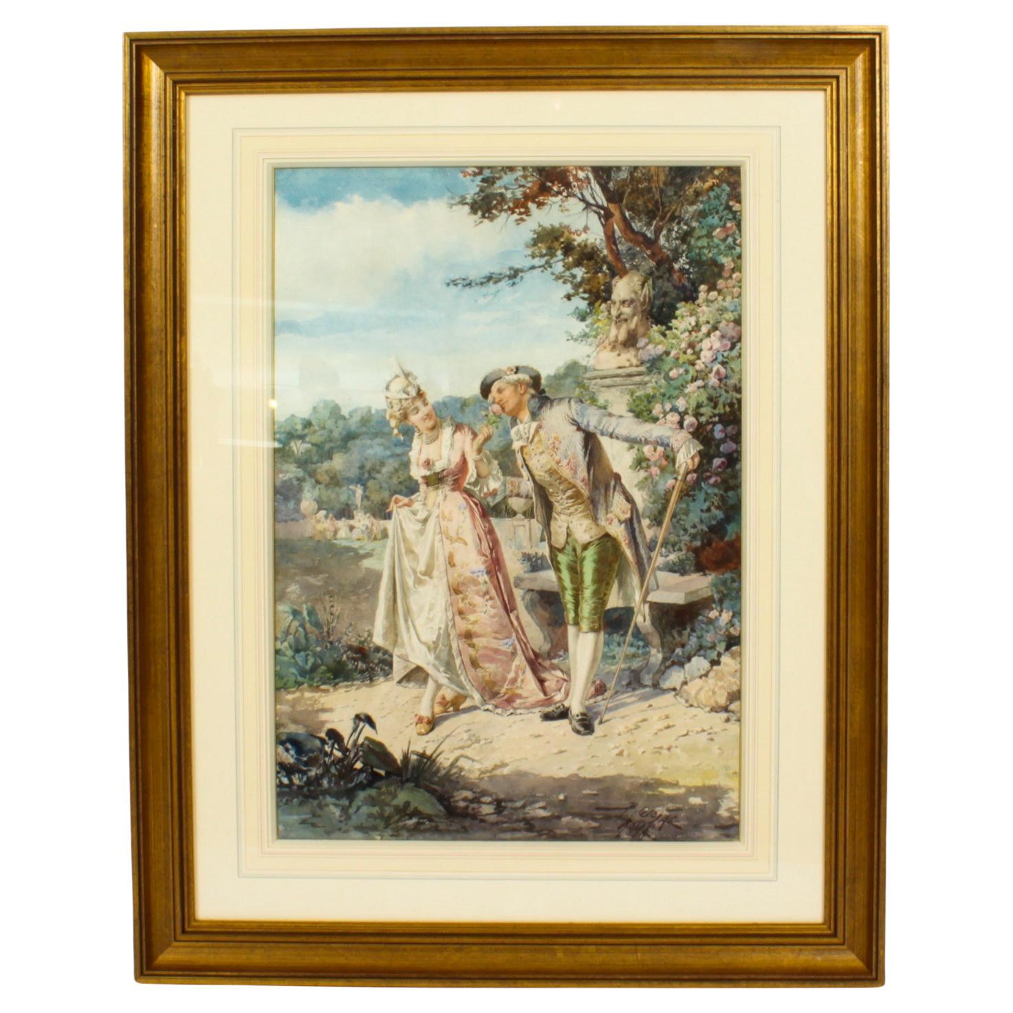 Antike Aquarellfarbe „Der romantische Spaziergang“ von Belisario Gioja, 19. Jahrhundert