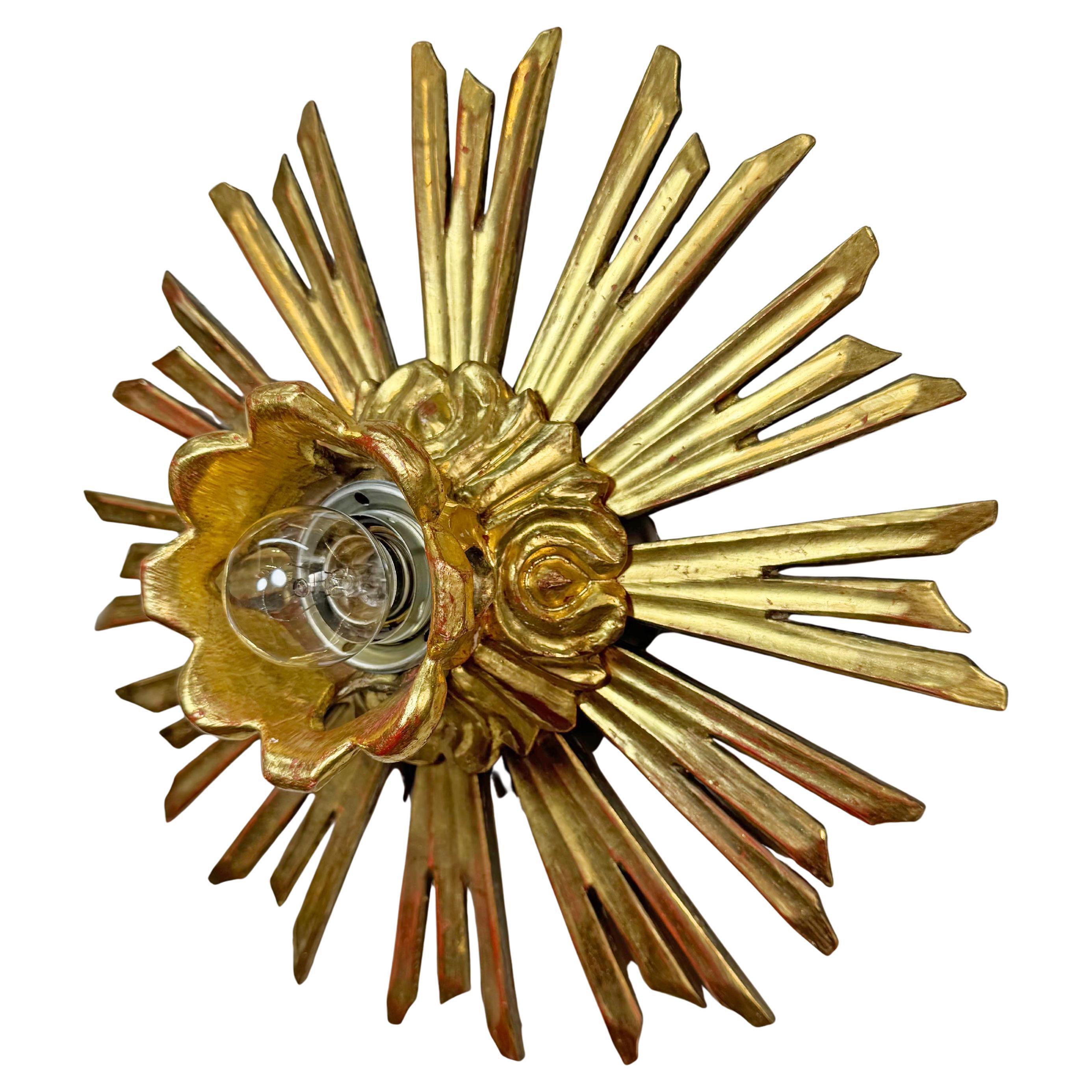 Antique Water Gilt Wood Chapel Sunburst Flush Light