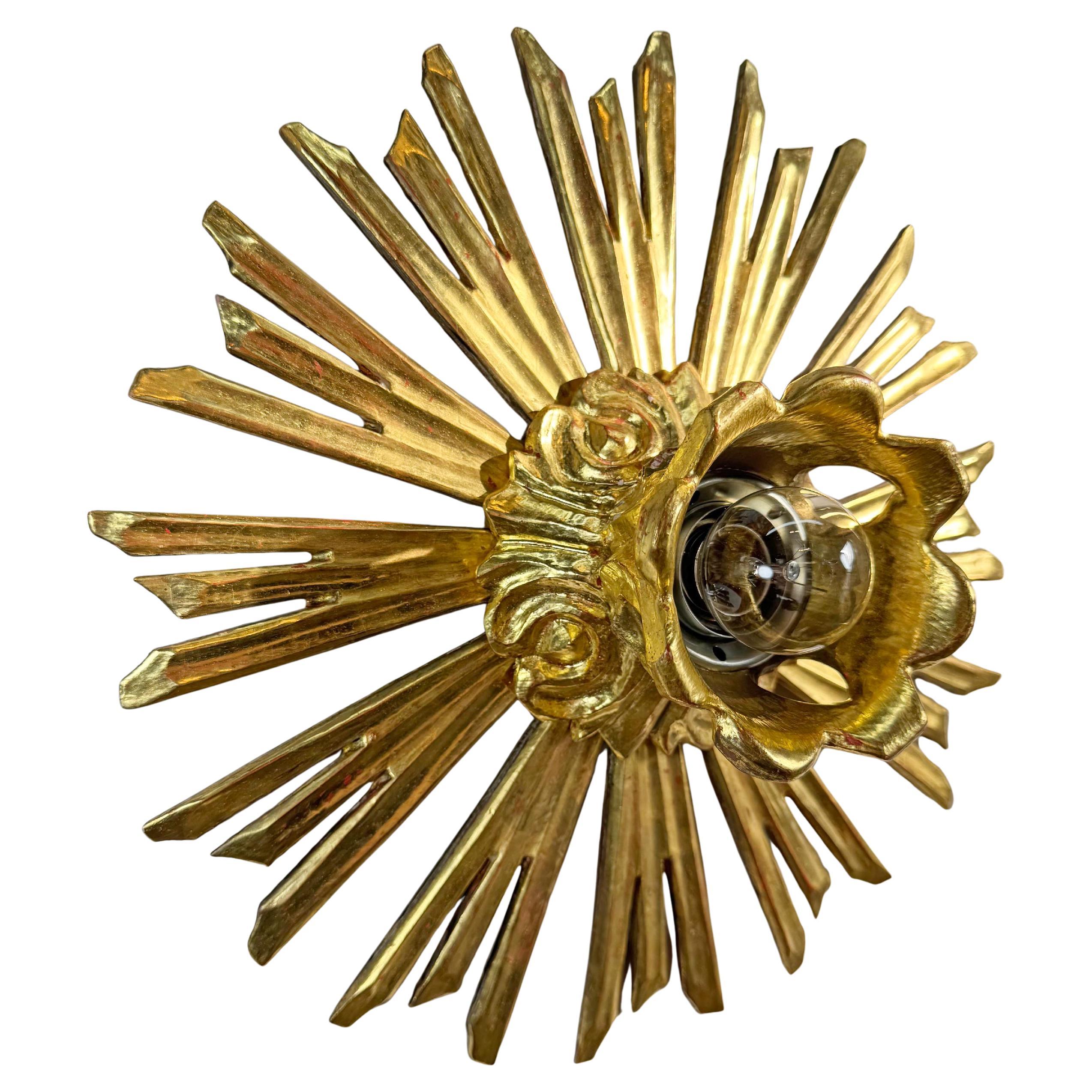 Antique Water Gilt Wood Chapel Sunburst Flush Light