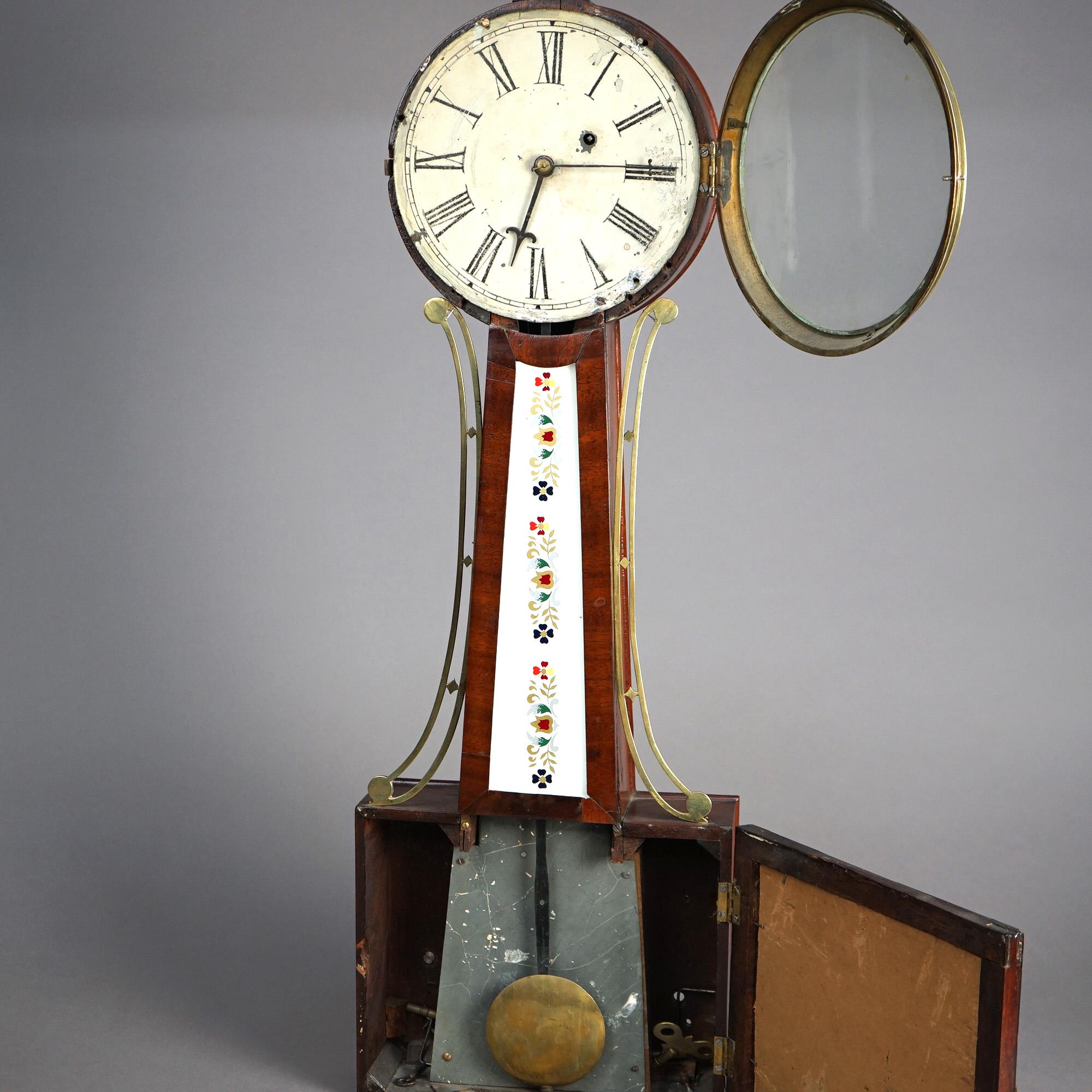Antique Waterbury Mahogany Banjo Clock with Eglomise Panel Circa 1830 5