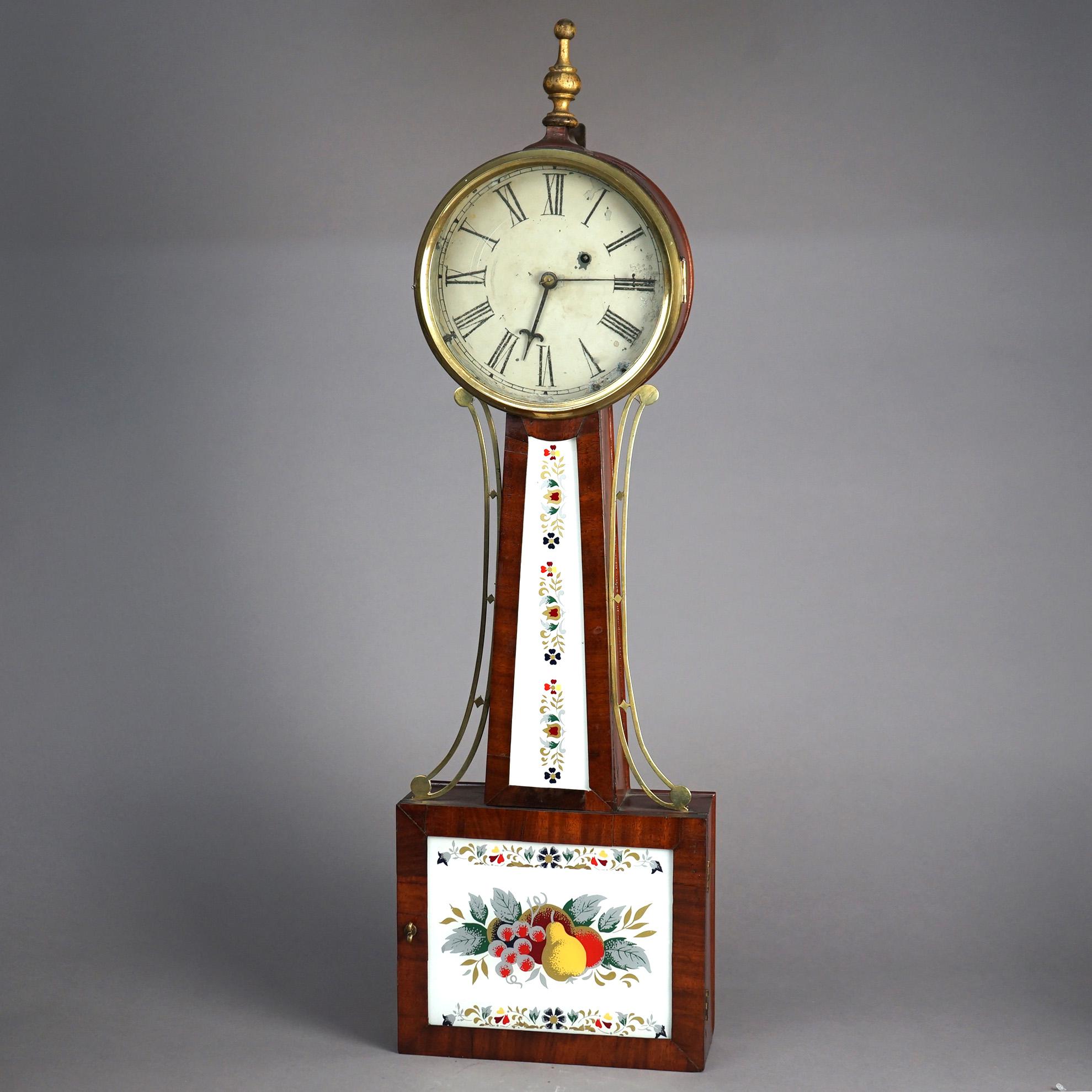 Antique Waterbury Mahogany Banjo Clock with Eglomise Panel Circa 1830 In Good Condition In Big Flats, NY