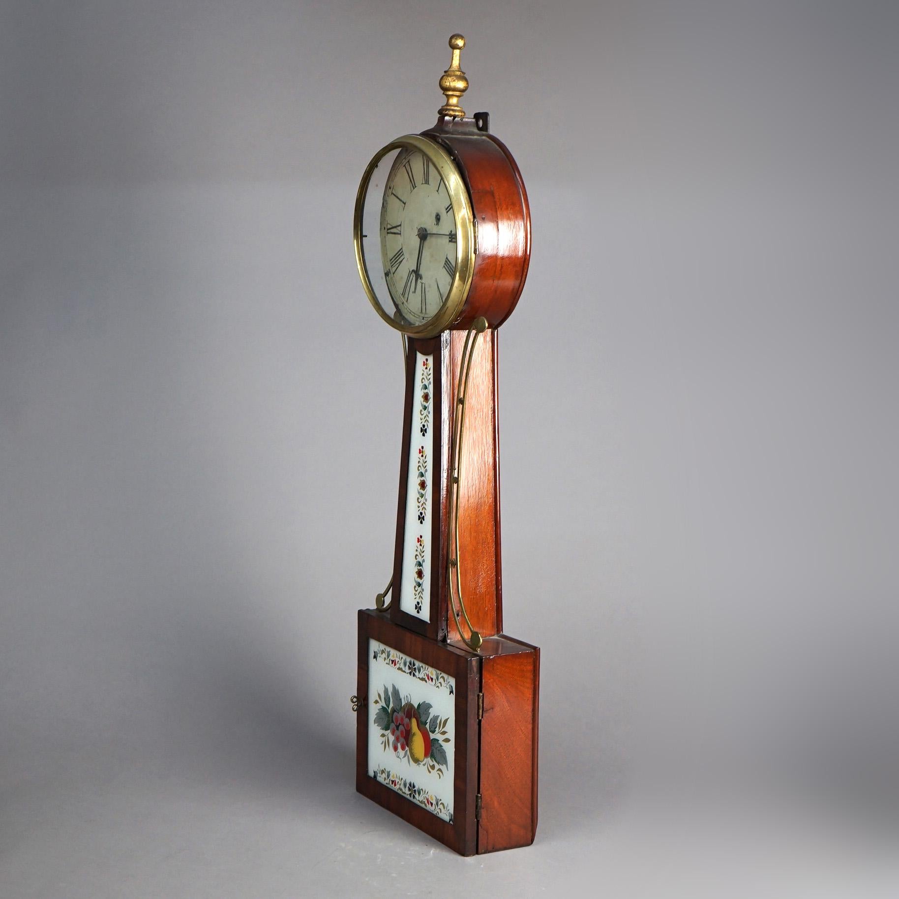 19th Century Antique Waterbury Mahogany Banjo Clock with Eglomise Panel Circa 1830