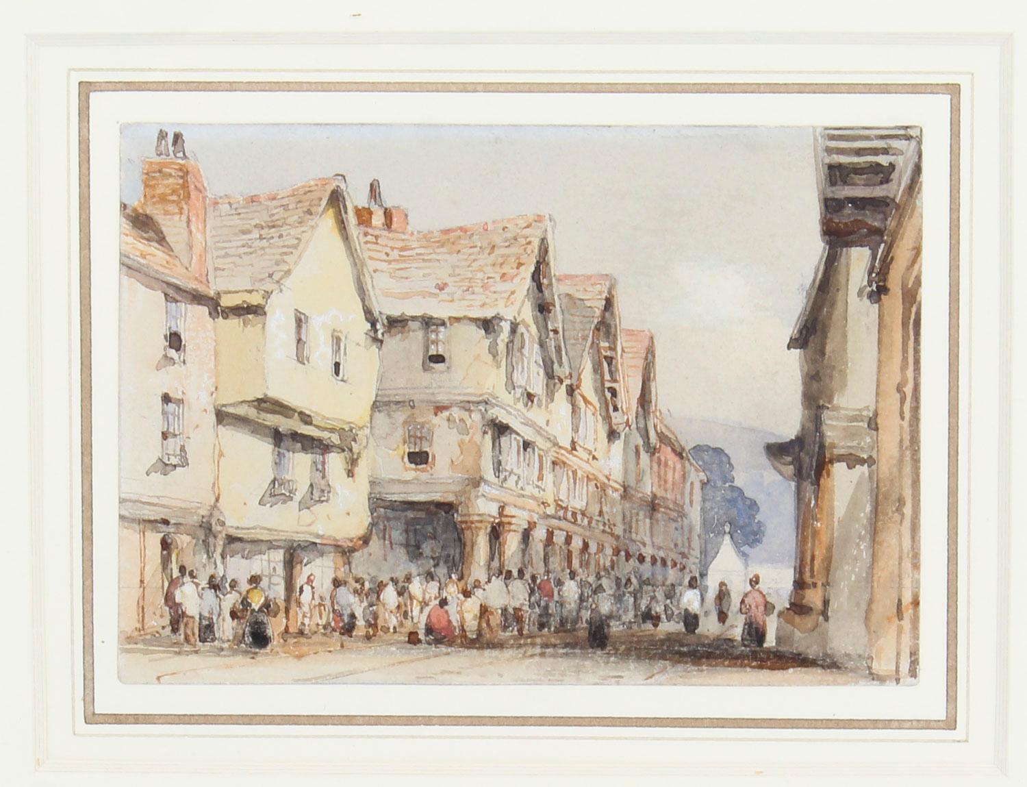 Antique English watercolor York street scene by George Pyne (1800-1884) circa 1840 in date.

This wonderful watercolor features a scene with people going about their business in an old town street, painted with an excellent perspective in muted
