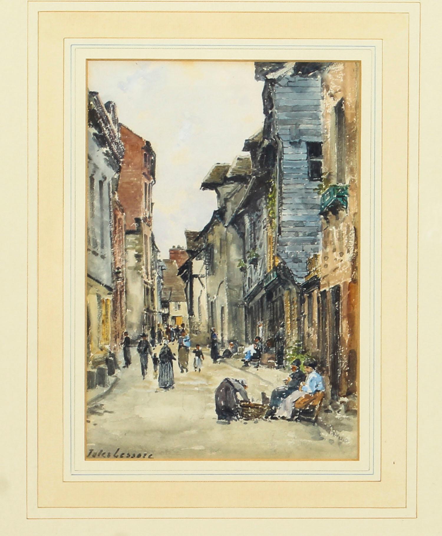 A lovely street-scape watercolor on paper by Jules Lessore circa 1880 in date.

The watercolor features a busy street scene with people busily going on with their daily lives depicting a street with old shopfronts.

The artist shows a wonderful