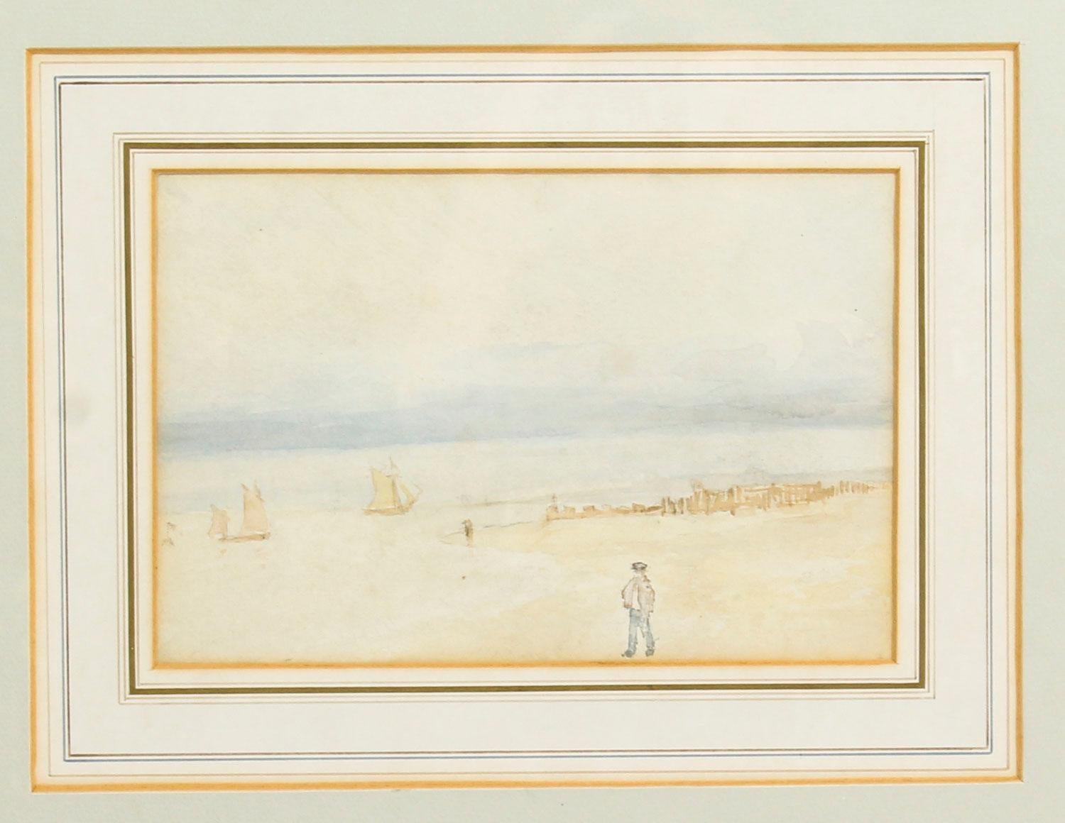 This is a beautiful antique watercolor of a view from the beach overlooking the ocean by R. E. Walker, circa 1880 in date.

The watercolor features a distant view of sailboats at sea with a figure walking along the beach in the foreground.
