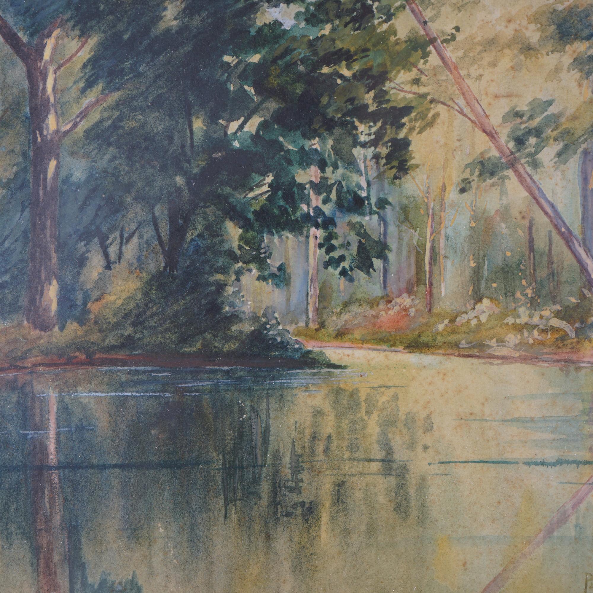 Antique Watercolor Landscape Painting Of Stream. Framed and Signed By Parker Morse Hooper in lower right corner, C1898.

Measures - 16.25