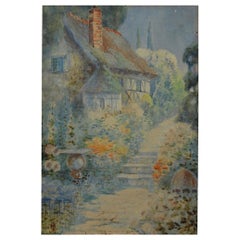 Antique Watercolor of an English Country Cottage, 19th Century