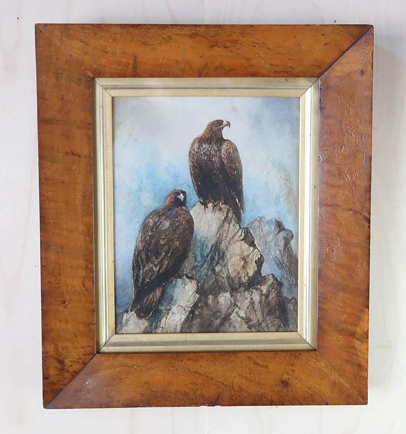 A superb watercolor of golden eagles

In an antique birds eye maple frame

On paper laid on to card

Late 19th century.

Signed indistinctly bottom right

Free UK shipping
 