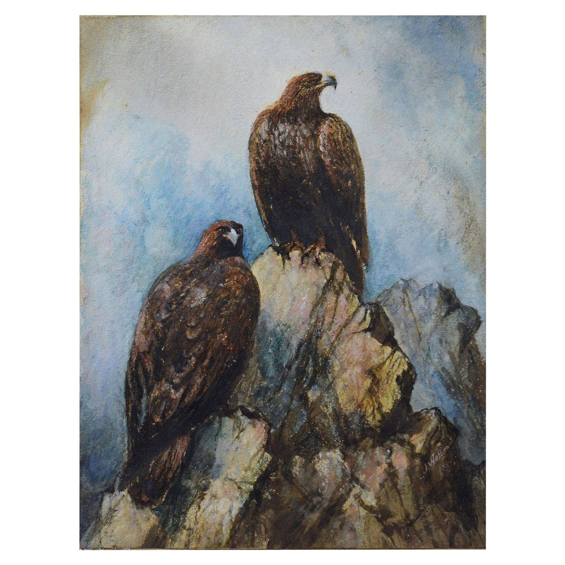 Antique Watercolor of Golden Eagles, 19th Century