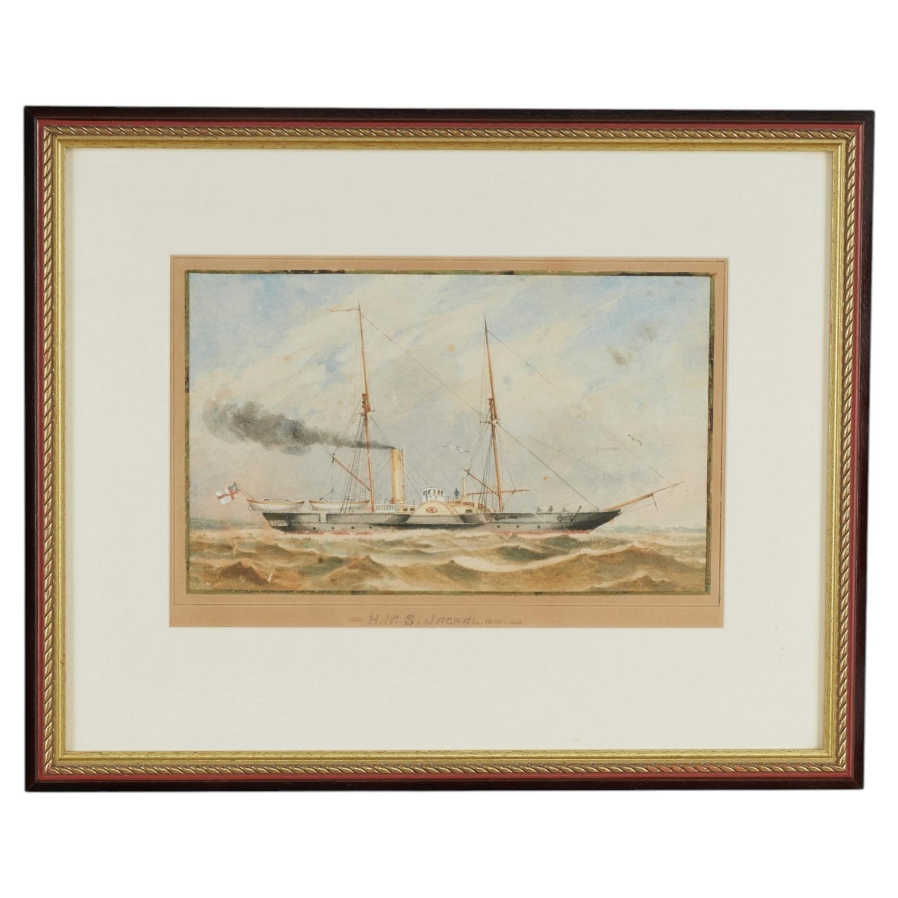 Antique Watercolor of the English Steamship H. M. S. Jackal