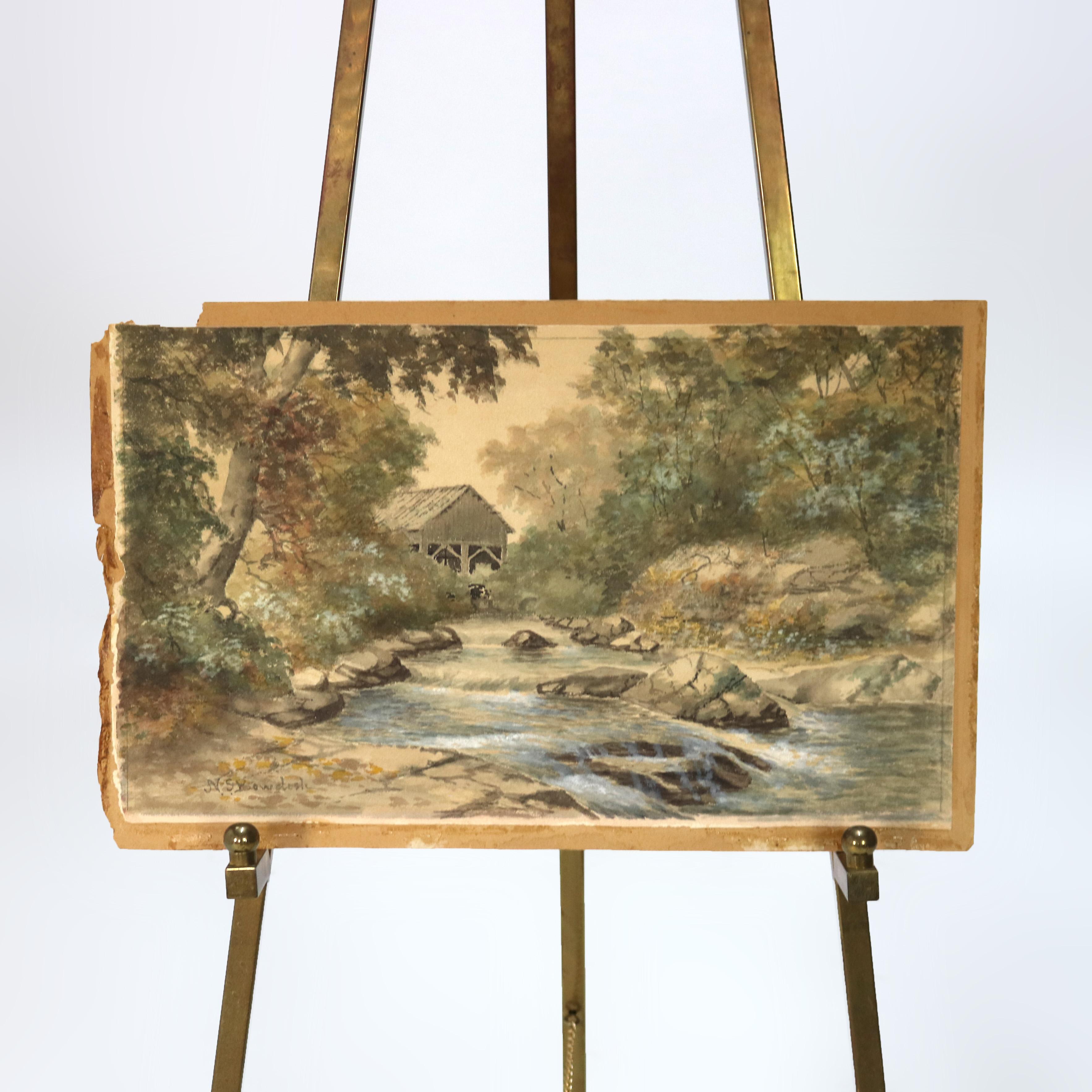 Hand-Painted Antique Watercolor on Paper Landscape Signed N. S. Bowdish C1890 For Sale