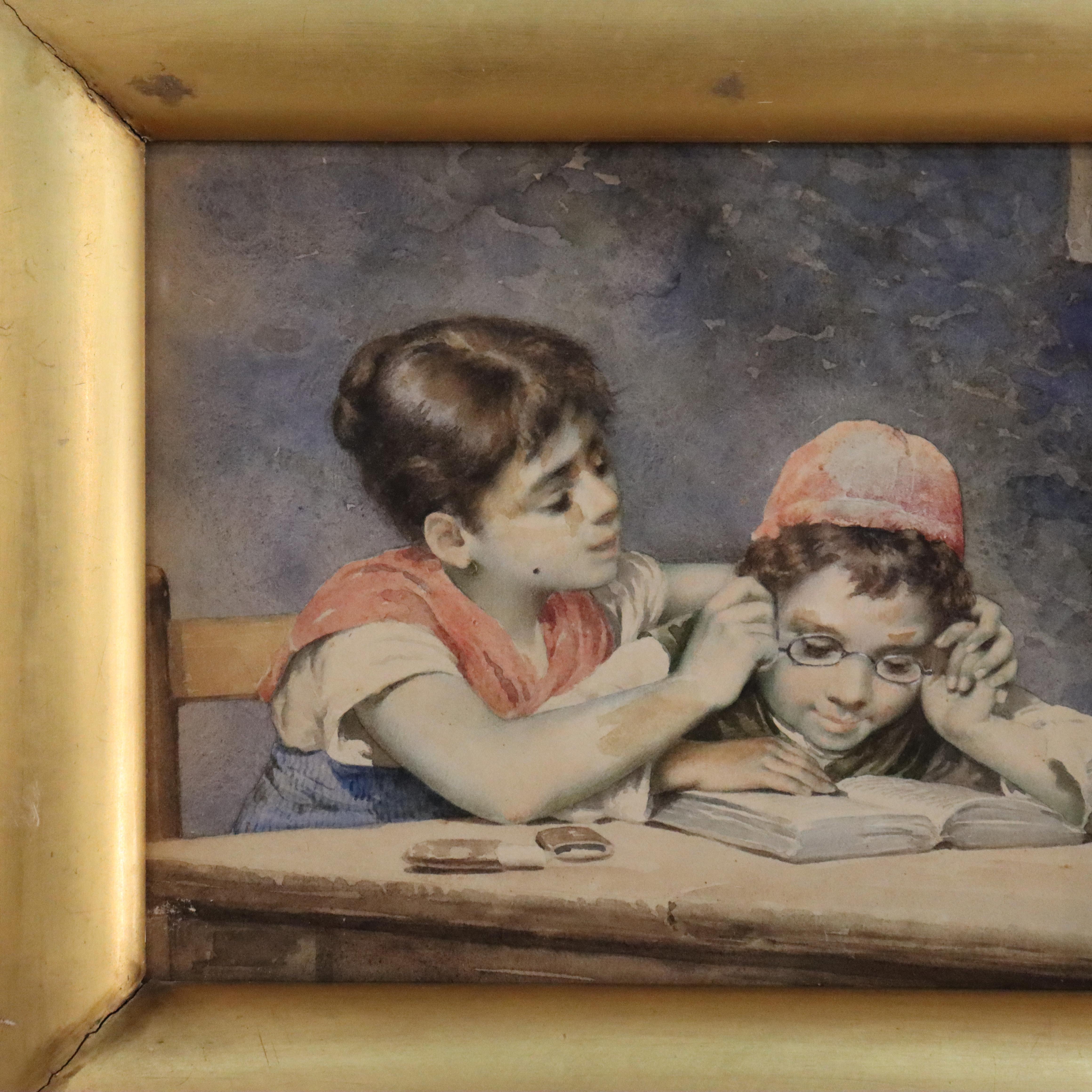Aquarelle ancienne sur papier de deux enfants avec cadre en bois doré Arts & Crafts, signée par A. Percy C1910
Mesures - 17 