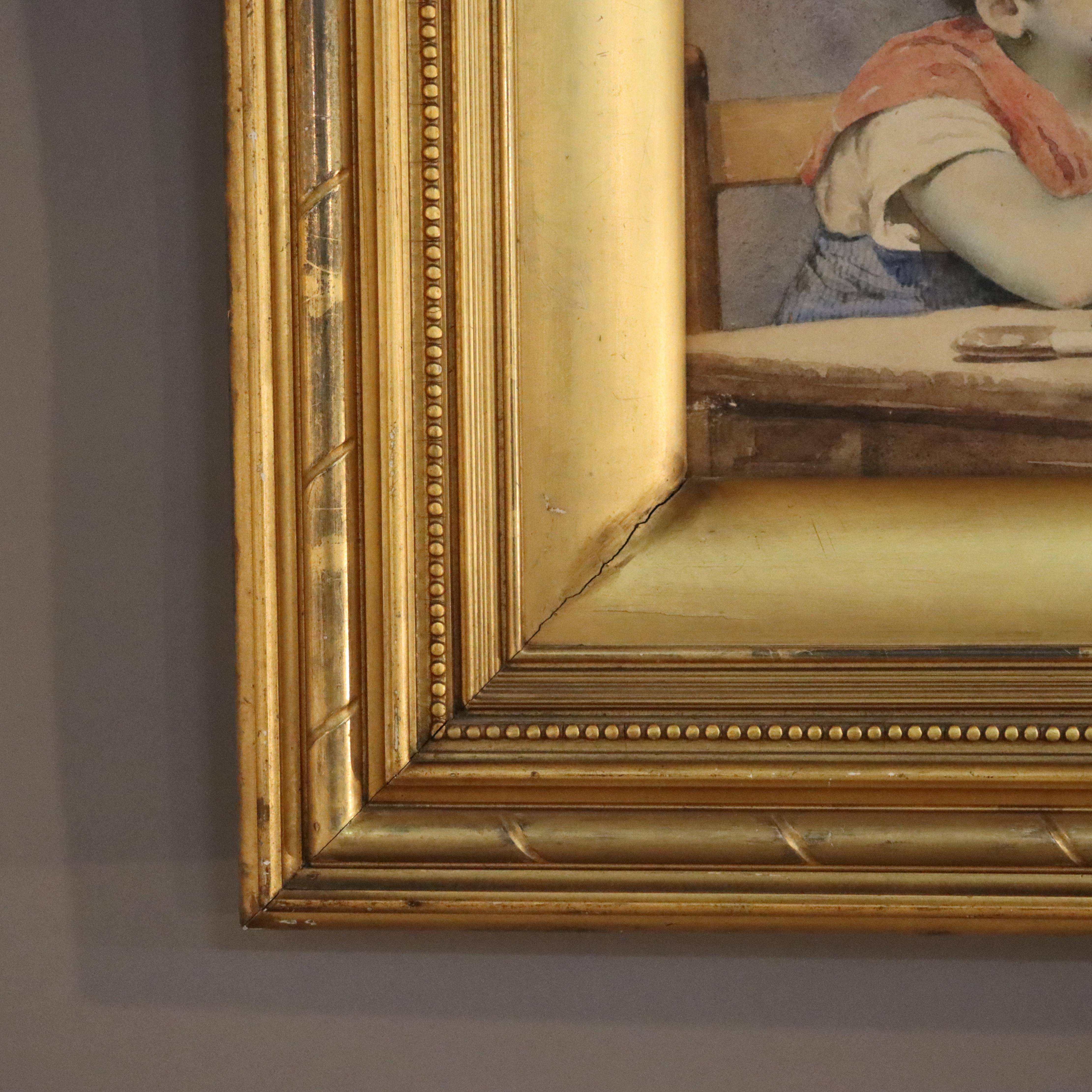 Aquarelle ancienne sur papier de deux enfants C1910 Bon état - En vente à Big Flats, NY