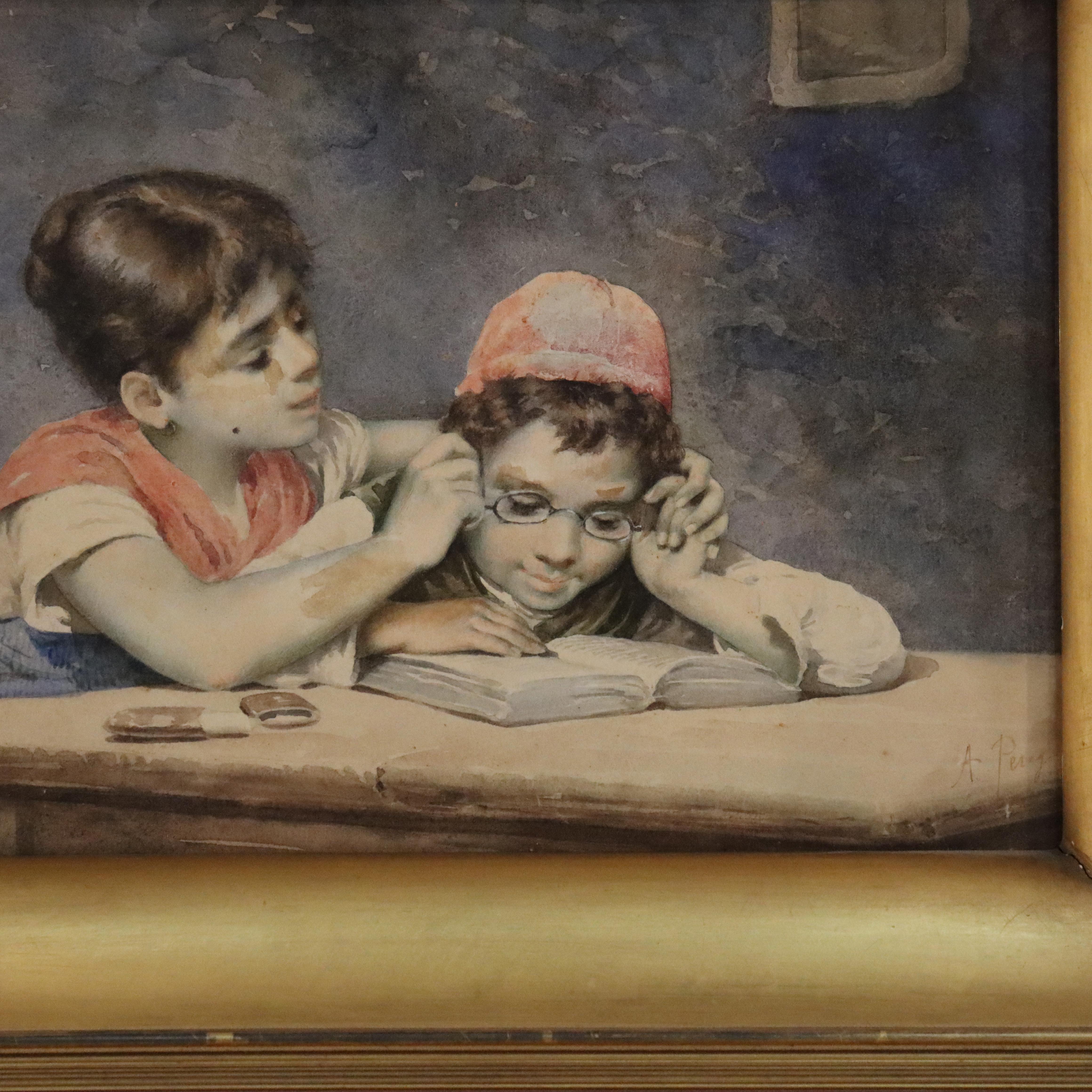 20ième siècle Aquarelle ancienne sur papier de deux enfants C1910 en vente