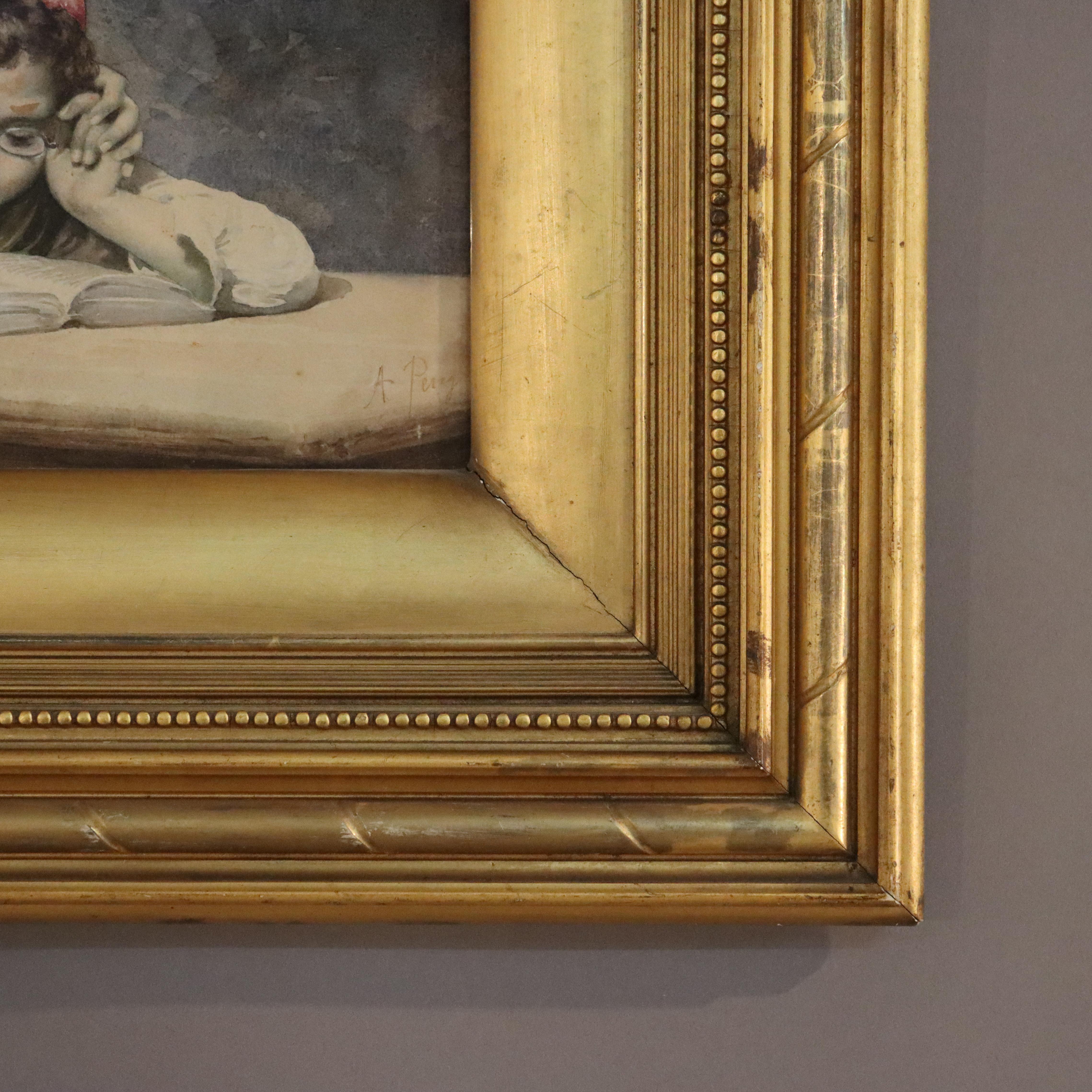 Papier Aquarelle ancienne sur papier de deux enfants C1910 en vente