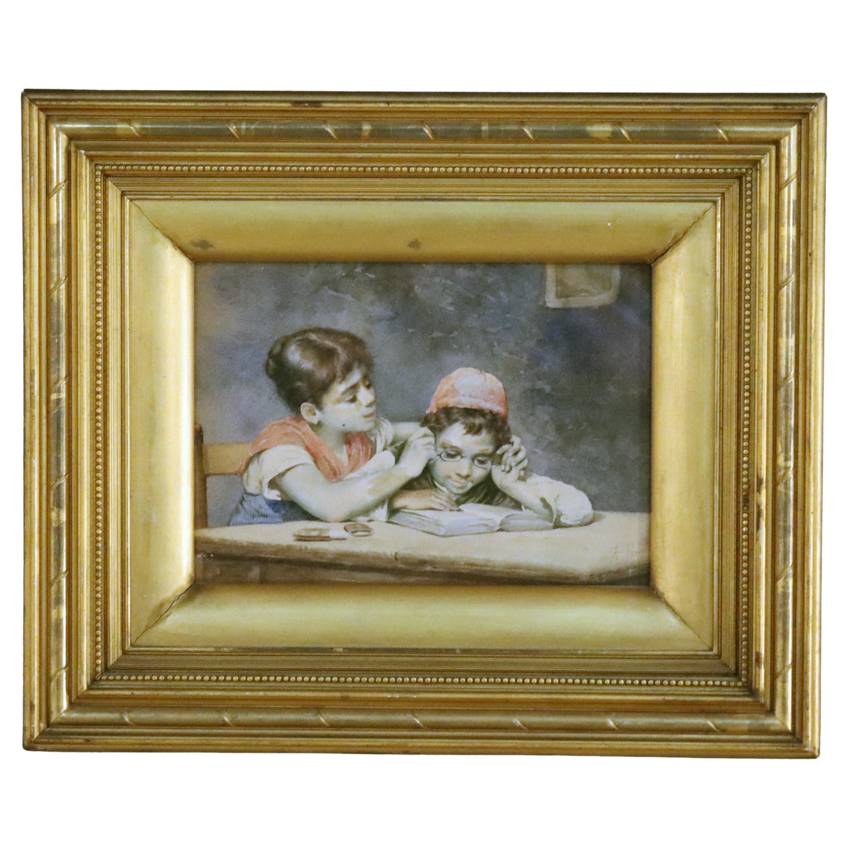 Acquerello antico su carta di due bambini C1910