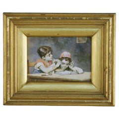 Acquerello antico su carta di due bambini C1910