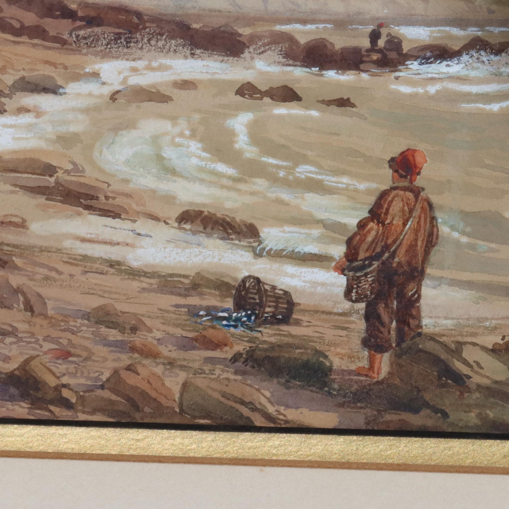 Aquarelle ancienne sur papier paysage marin signée par Hastings C1908 Bon état - En vente à Big Flats, NY