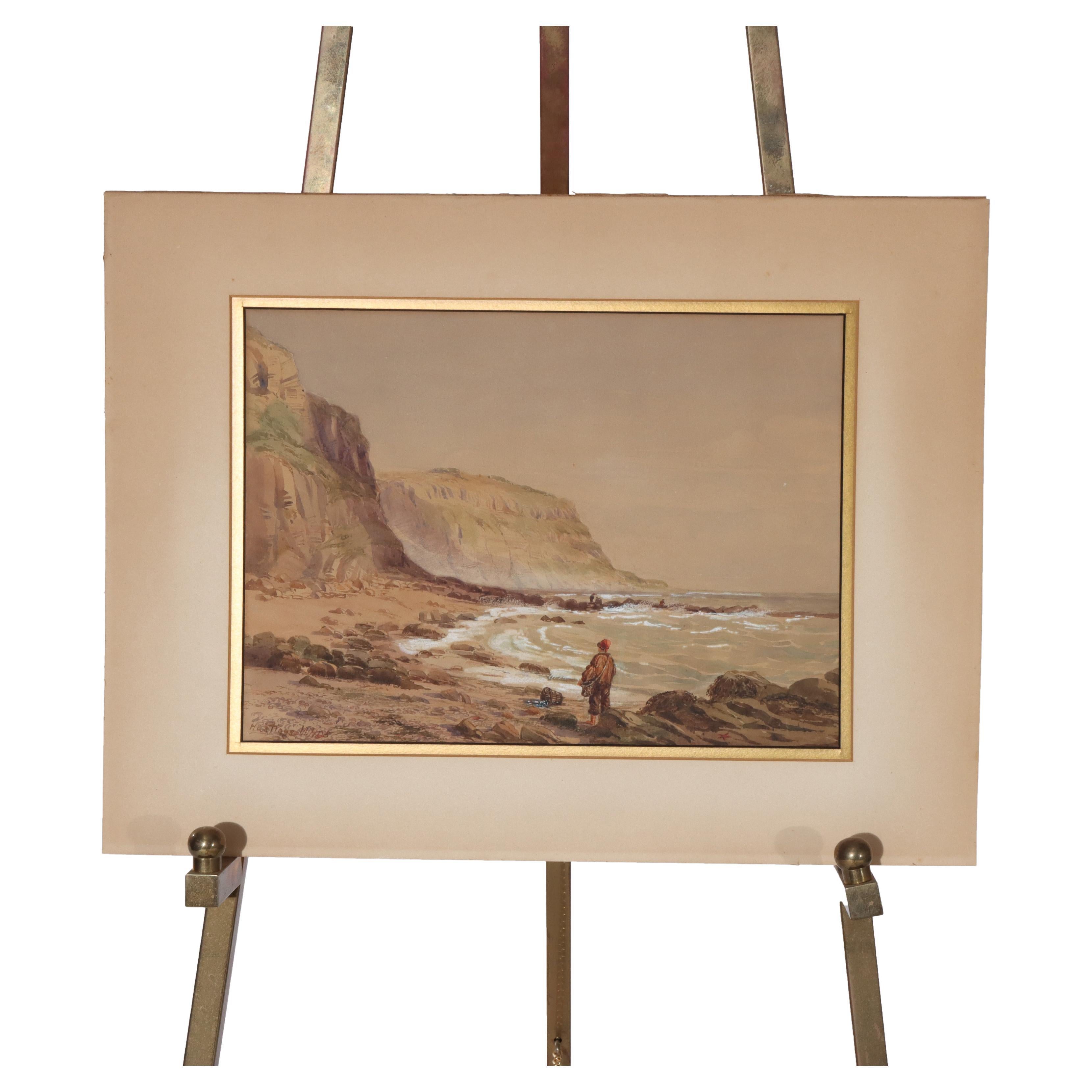 Aquarelle ancienne sur papier paysage marin signée par Hastings C1908 en vente