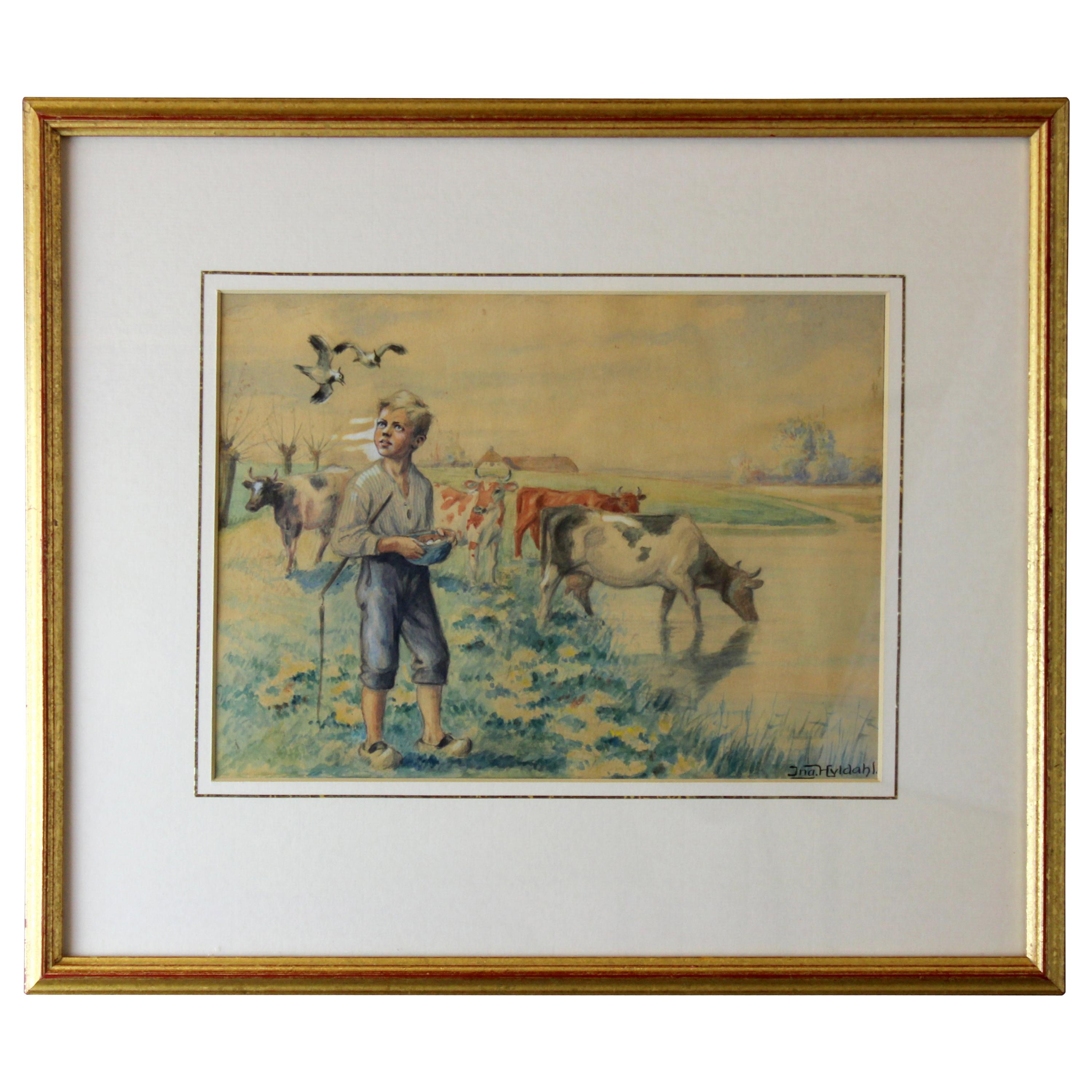 Antique Watercolor Painting, by Danish Artist Ina Hyldahl, Denmark, 1920