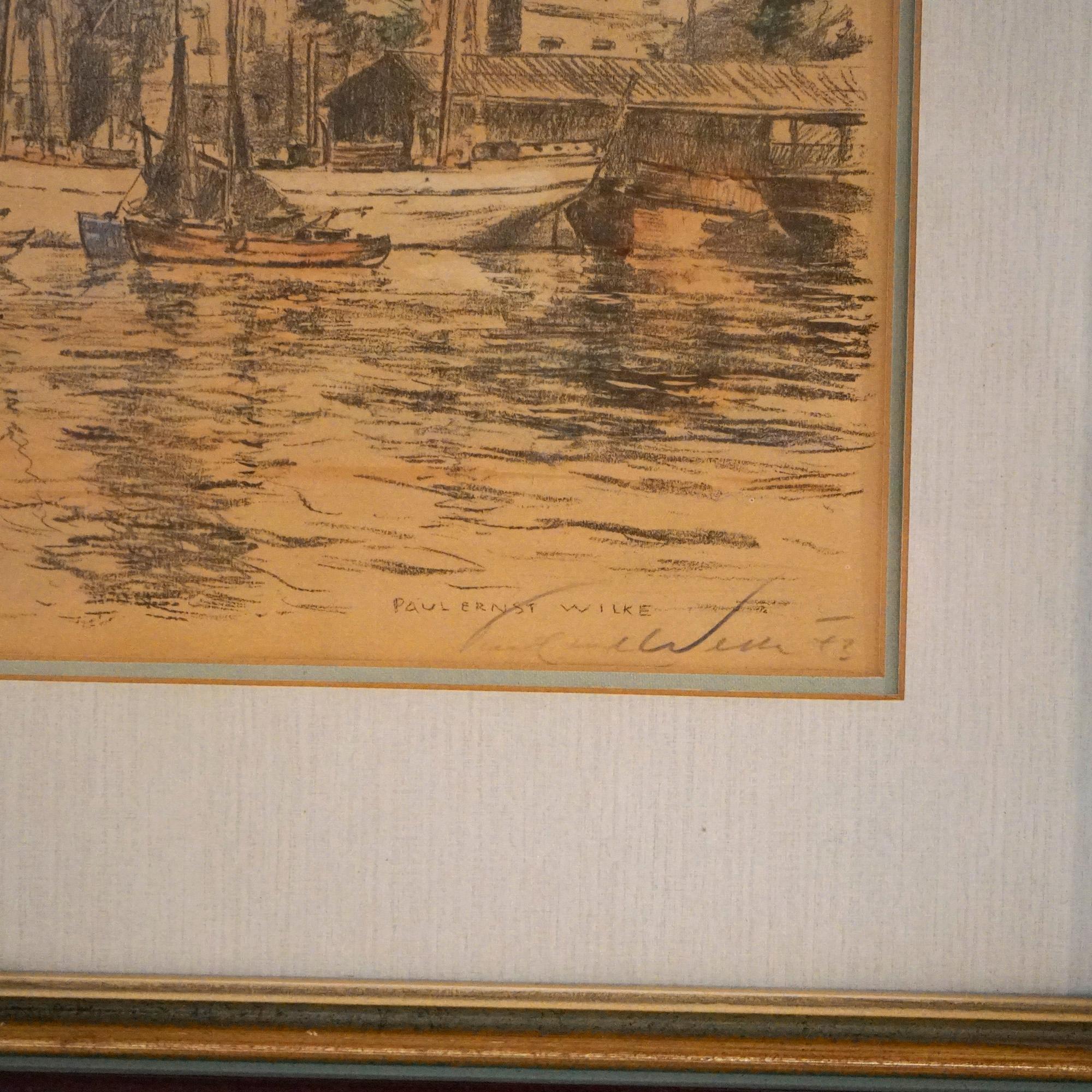 Antique Watercolor Painting, Cityscape Harbor Scene by Paul Ernst Wilke, c1940 For Sale 7