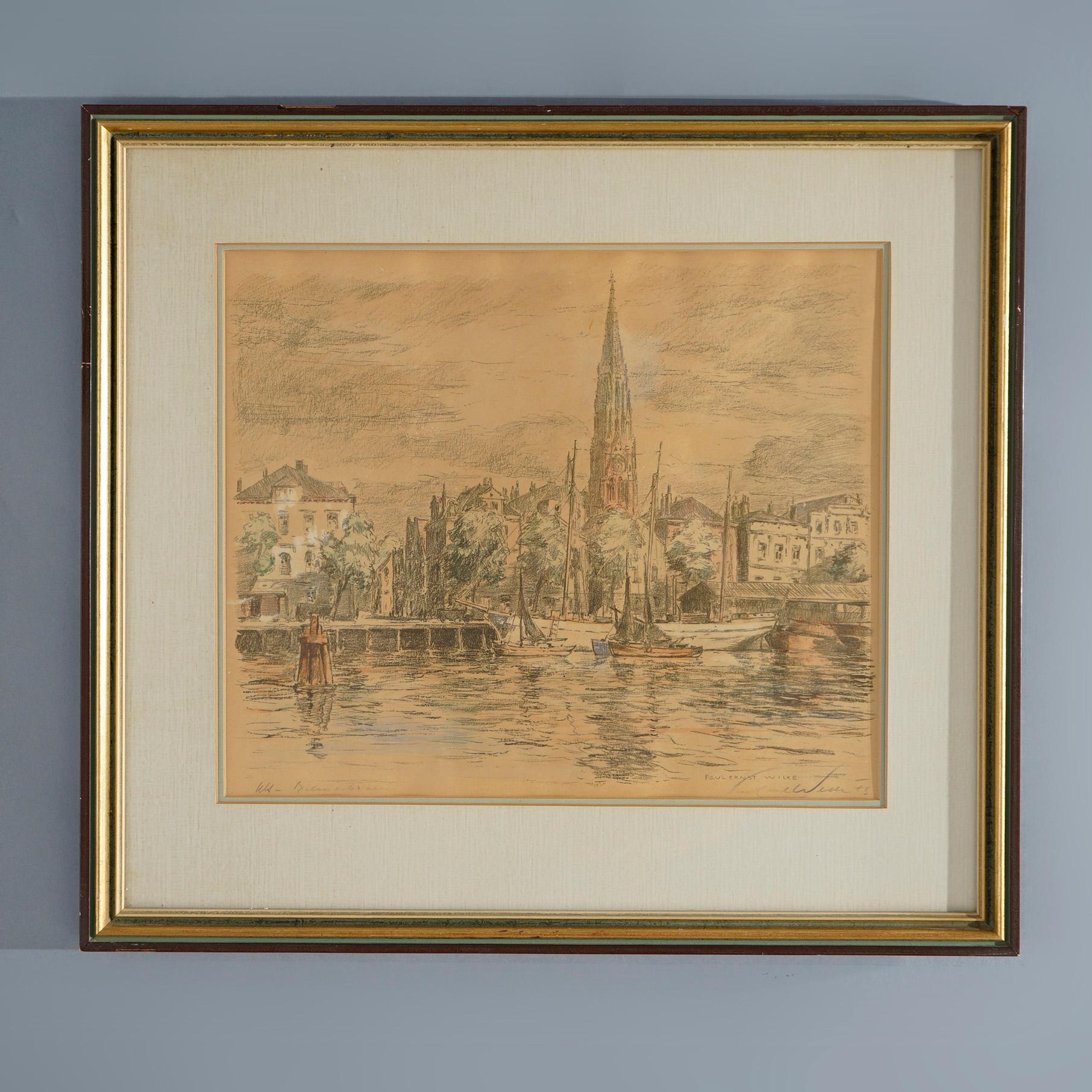 An antique painting by Paul Earnst Wilke offers watercolor cityscape harbor scene with structures, bridge, boats and figures, artist signed lower right, framed, c1940

Measures- 20.5''H x 22.5''W x 1''D; 21'' X 19'' sight.

Catalogue Note: Ask about