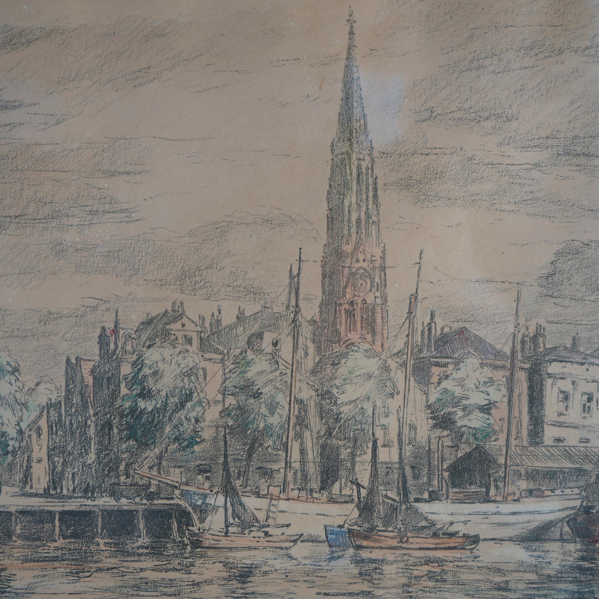 Hand-Painted Antique Watercolor Painting, Cityscape Harbor Scene by Paul Ernst Wilke, c1940 For Sale