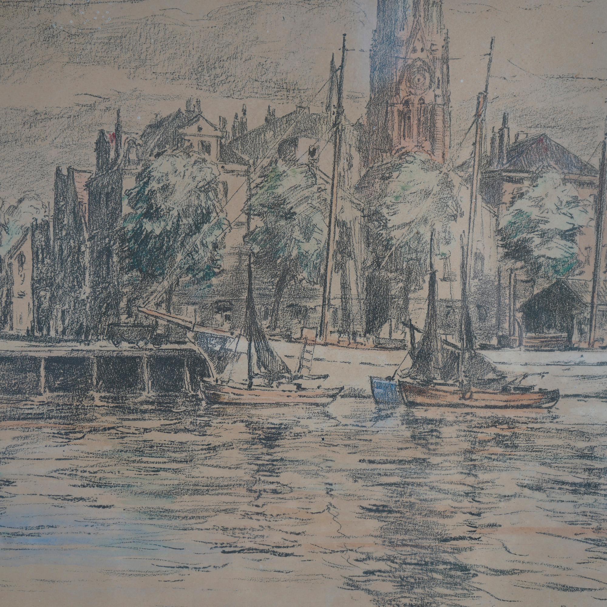 Hand-Painted Antique Watercolor Painting, Cityscape Harbor Scene by Paul Ernst Wilke, c1940 For Sale