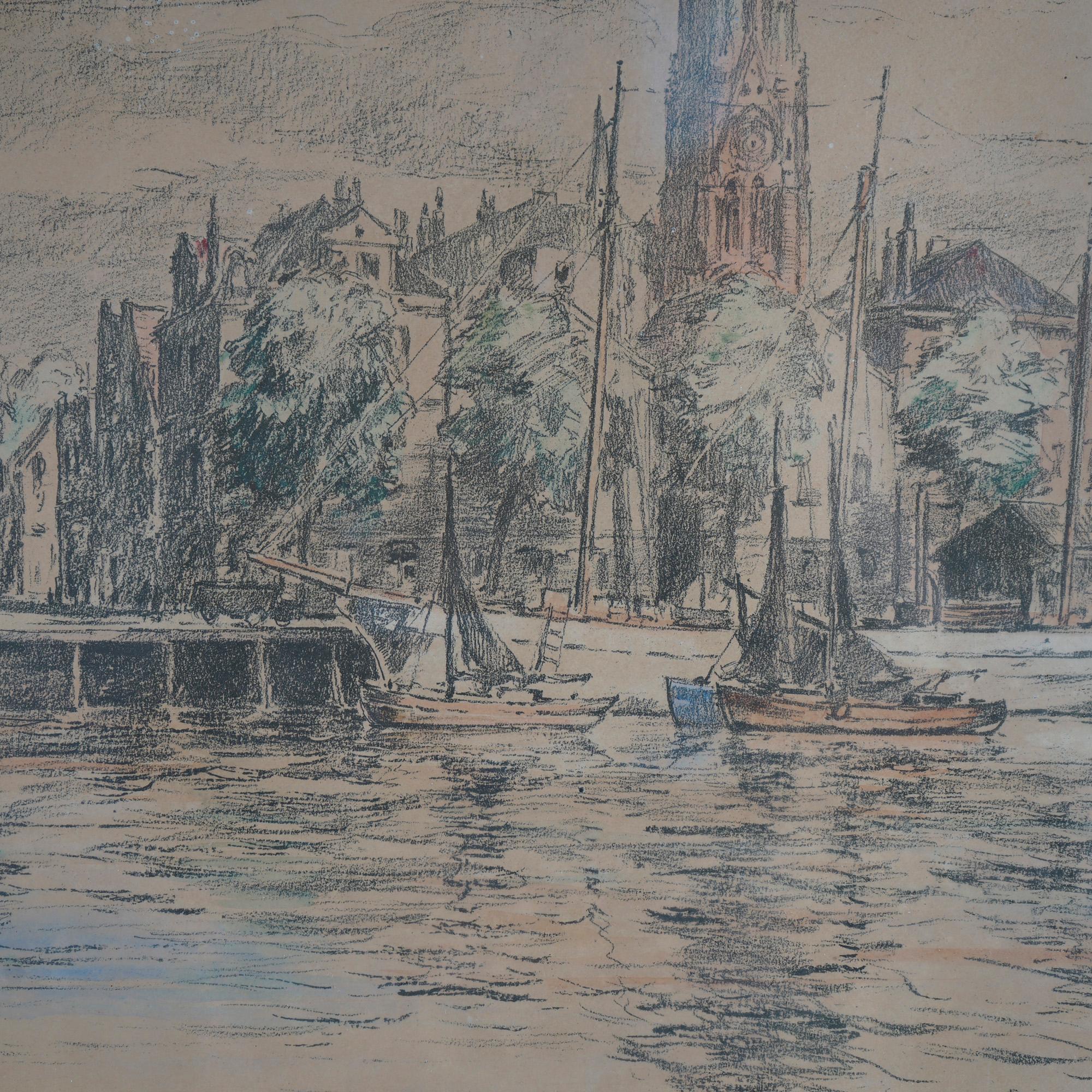 Antikes Aquarellgemälde, Stadtlandschaft, Hafenszene von Paul Ernst Wilke, um 1940 (Handbemalt)